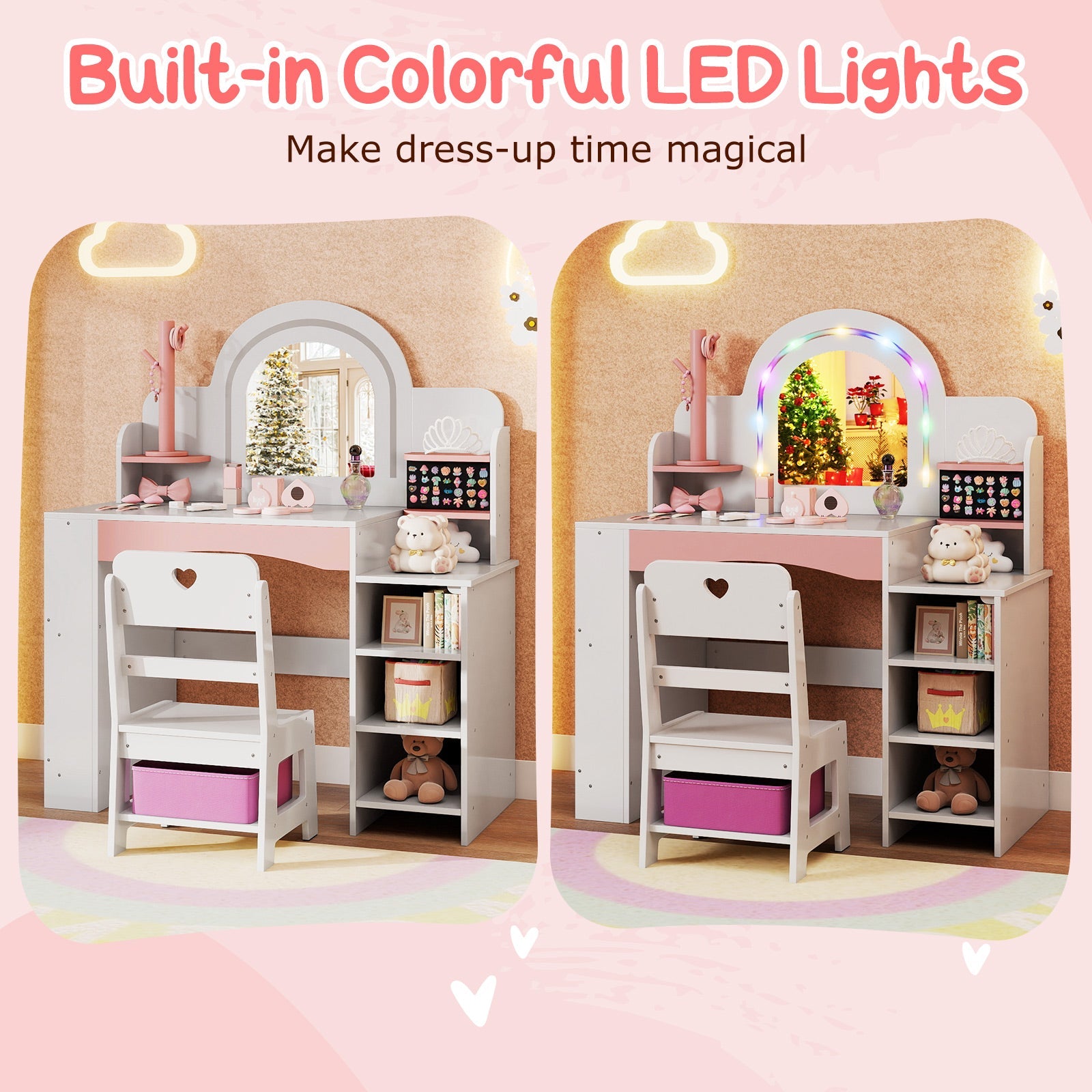 Kids Vanity Set with Colorful LED Lights Princess Makeup Dressing Table with Chair