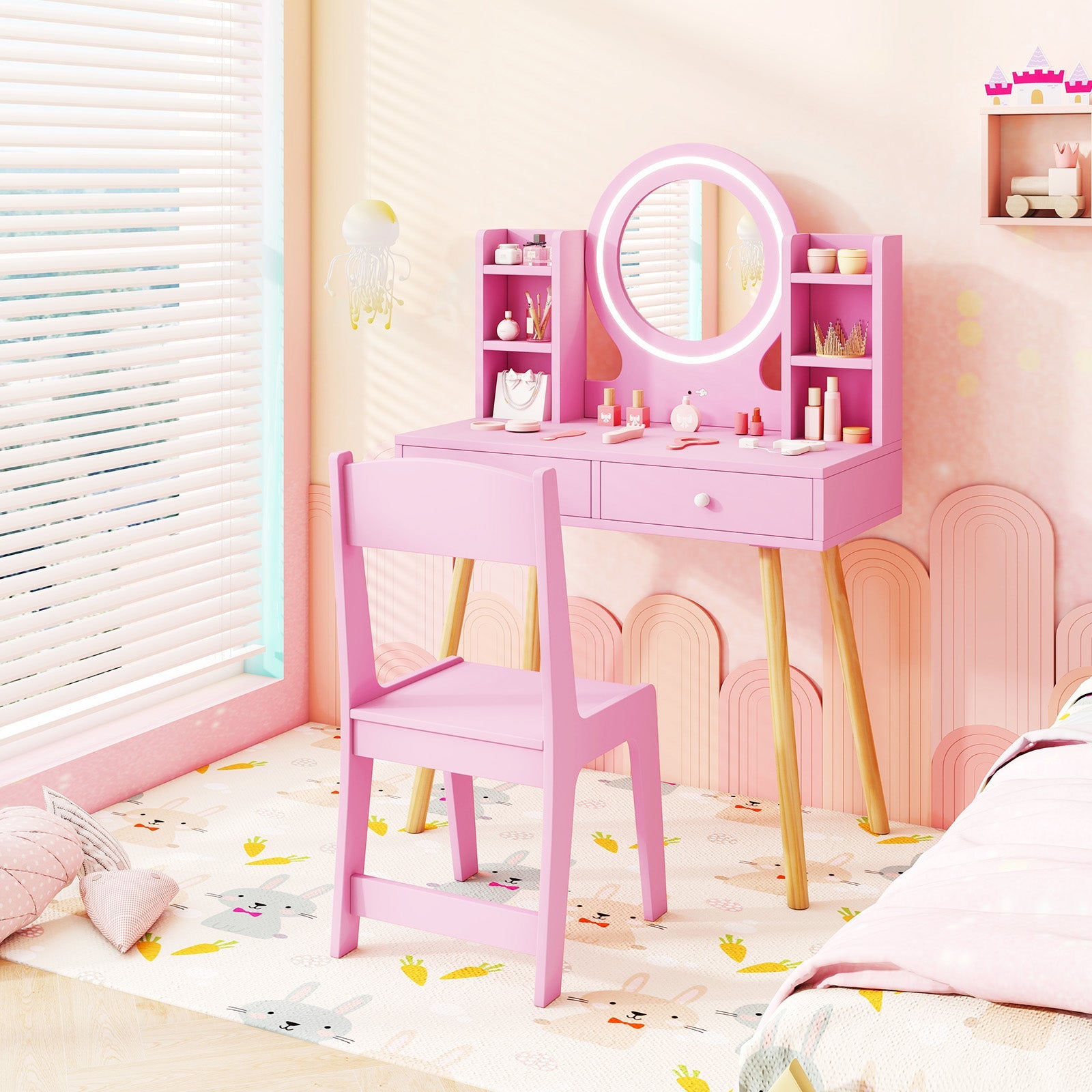 Kids Vanity Set with Lighted Mirror and Storage Drawers