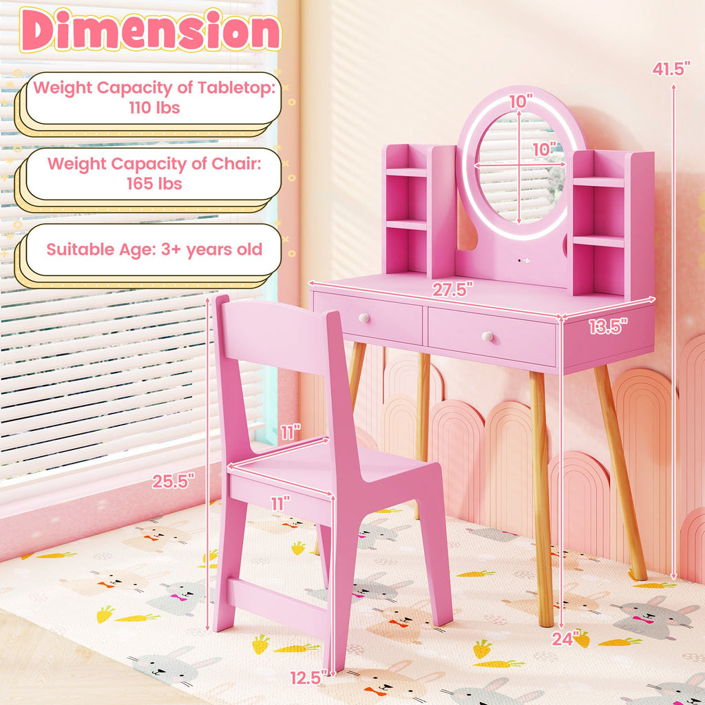 Kids Vanity Set with Lighted Mirror and Storage Drawers