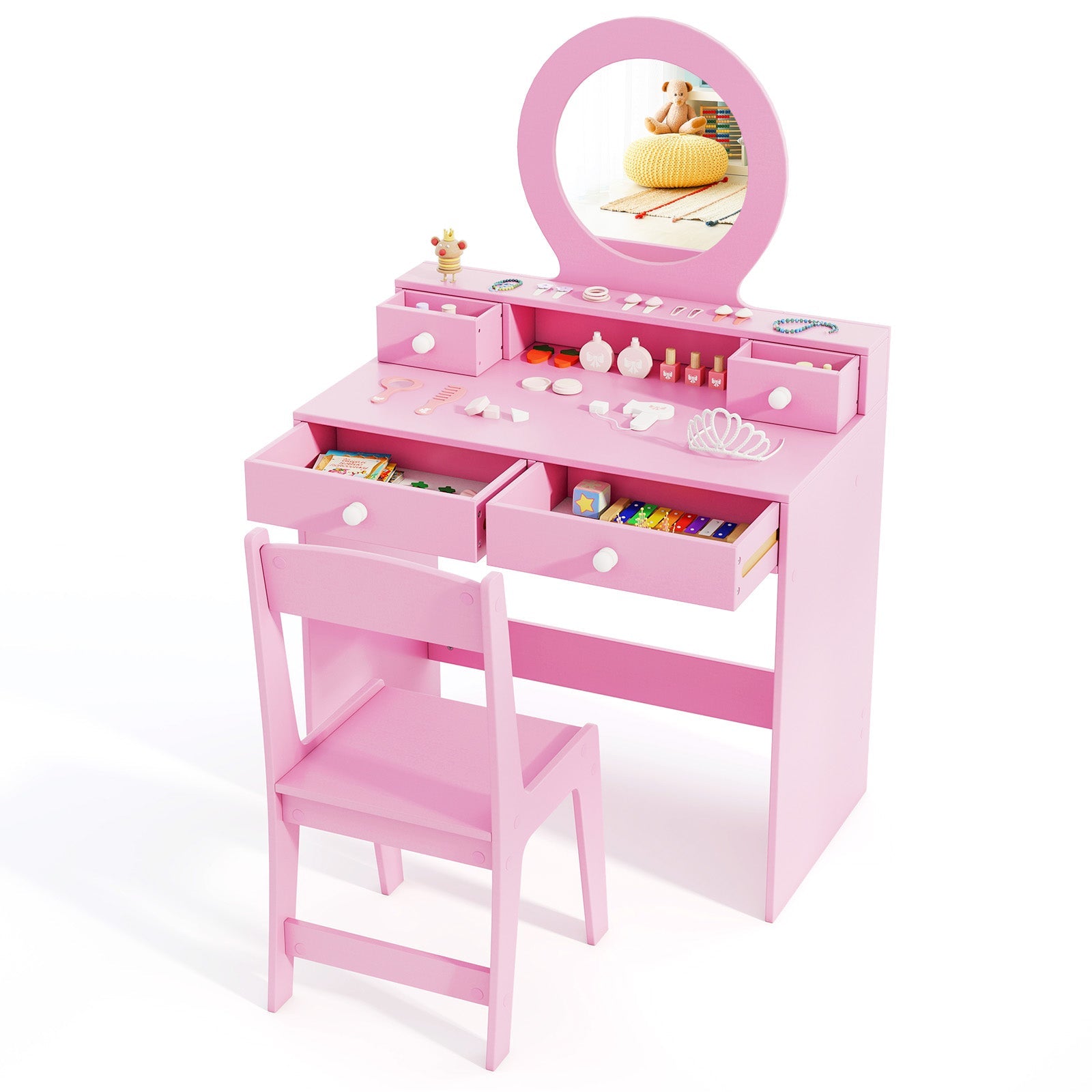 Kids Vanity Set with Mirror Princess Makeup Dressing Desk and Chair Set with Mirror