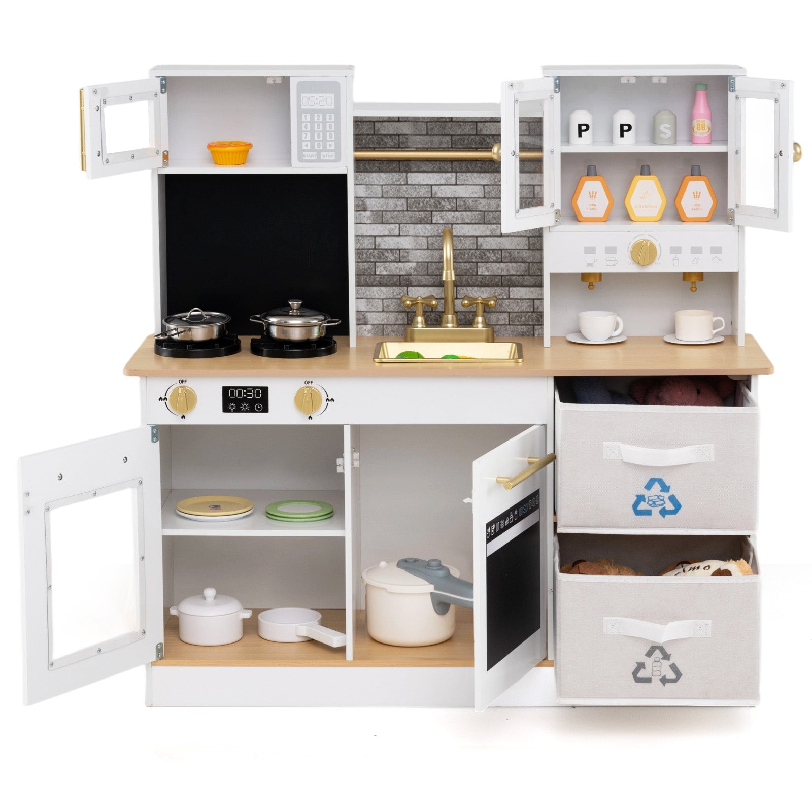 Kids Wooden Kitchen Playset with Stoves Sound Light for 3+ Years Old-White