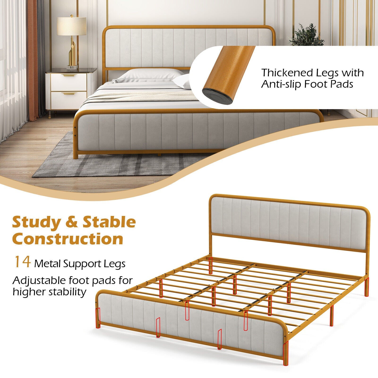 Upholstered Gold Platform Bed Frame with Velvet Headboard