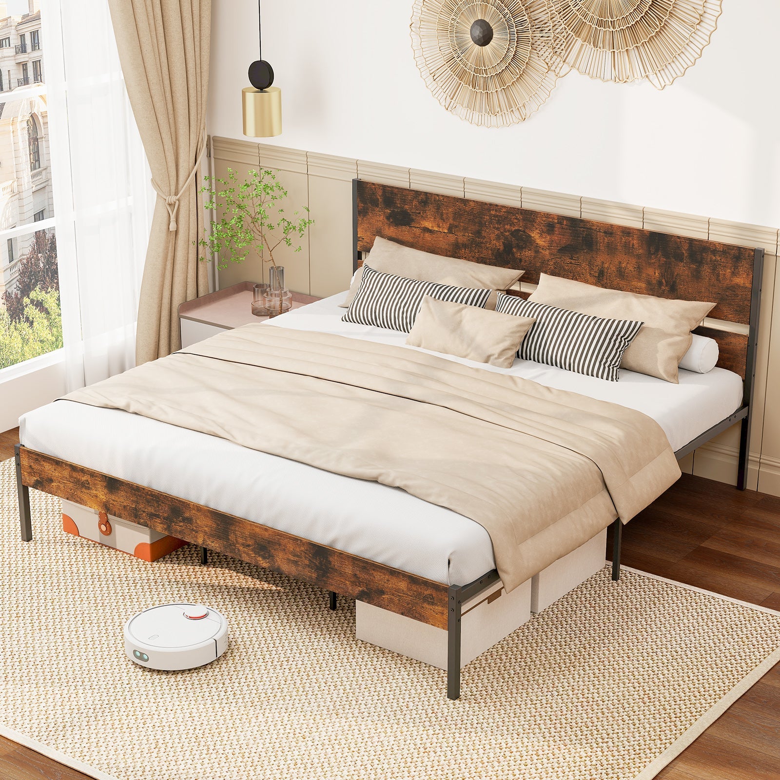 Twin/Full/Queen/King Metal Bed Frame with Wooden Headboard and Footboard-King Size