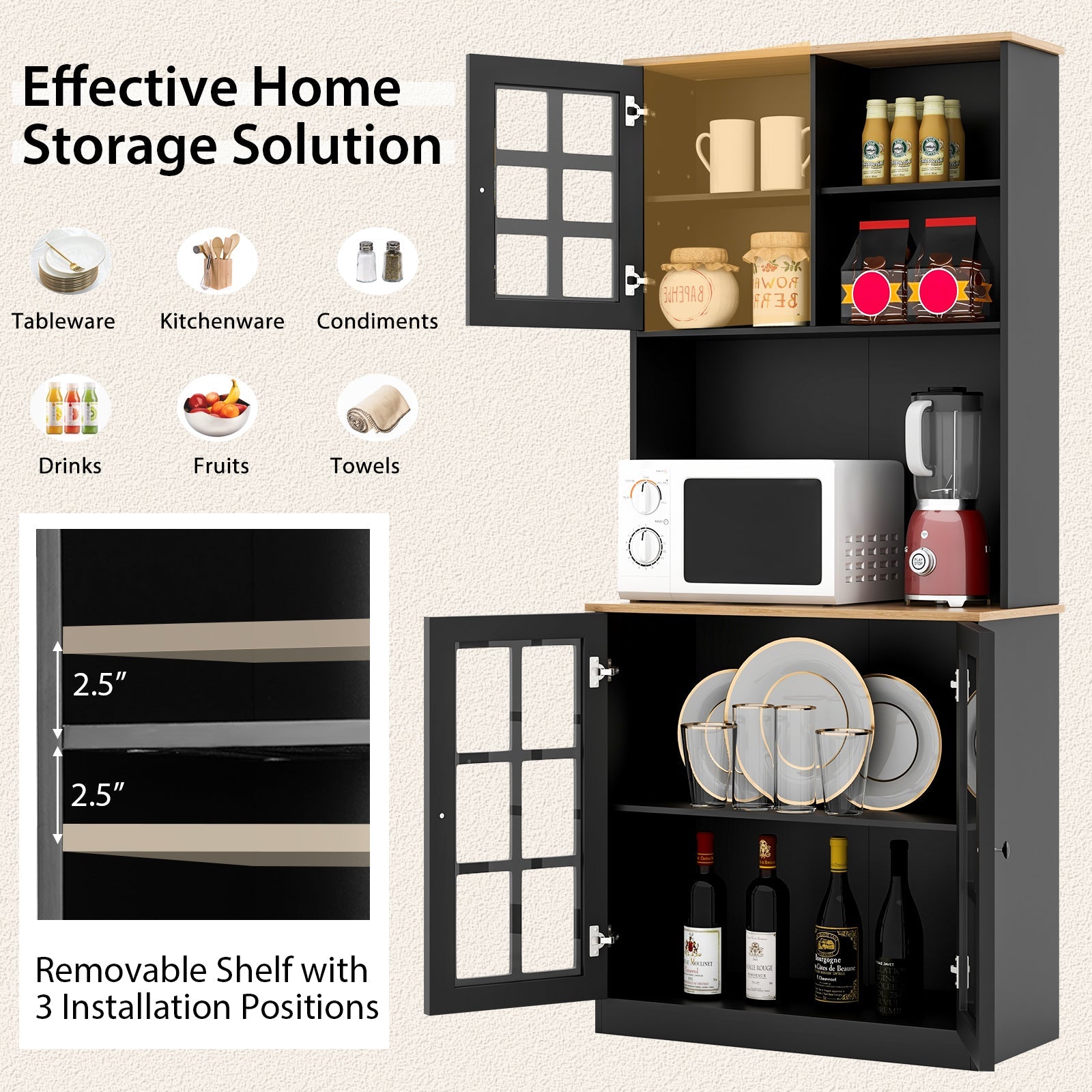 72 Inch Freestanding Pantry Cabinet with Hutch and Adjustable Shelf