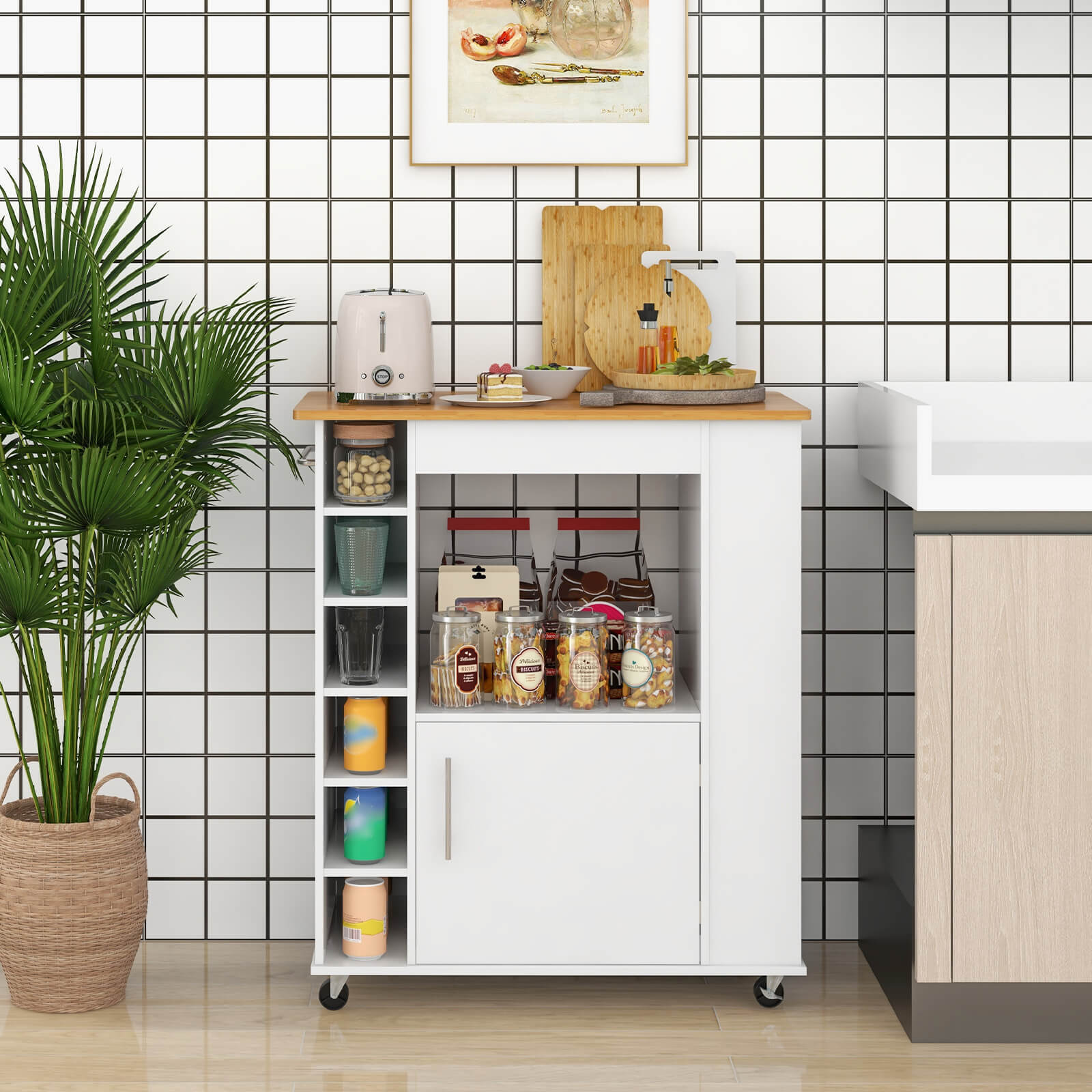 Kitchen Cart on Wheels with Bamboo Top and 6-Bottle Wine Rack-White