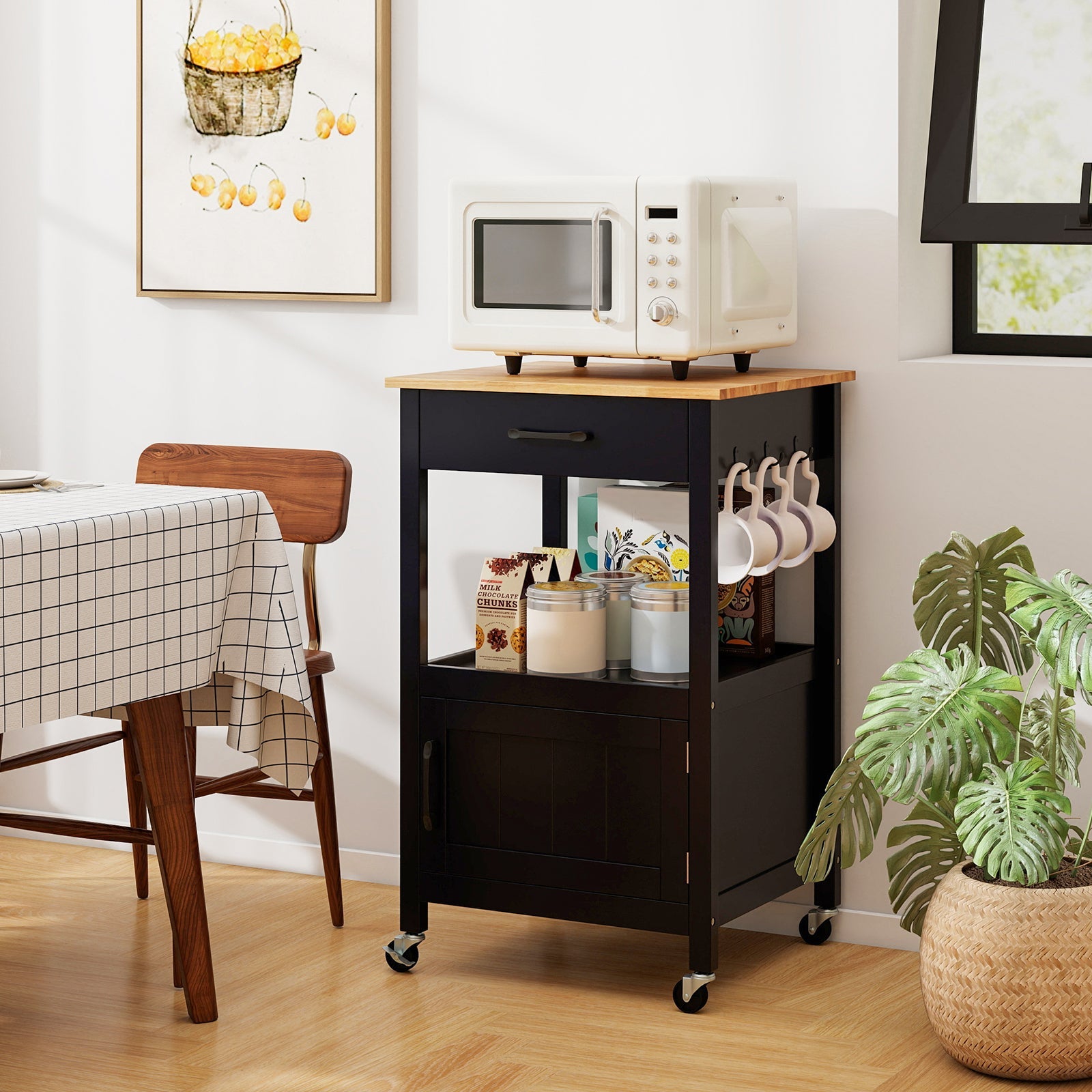 Rolling Kitchen Island Cart with Drawer and Side Hooks
