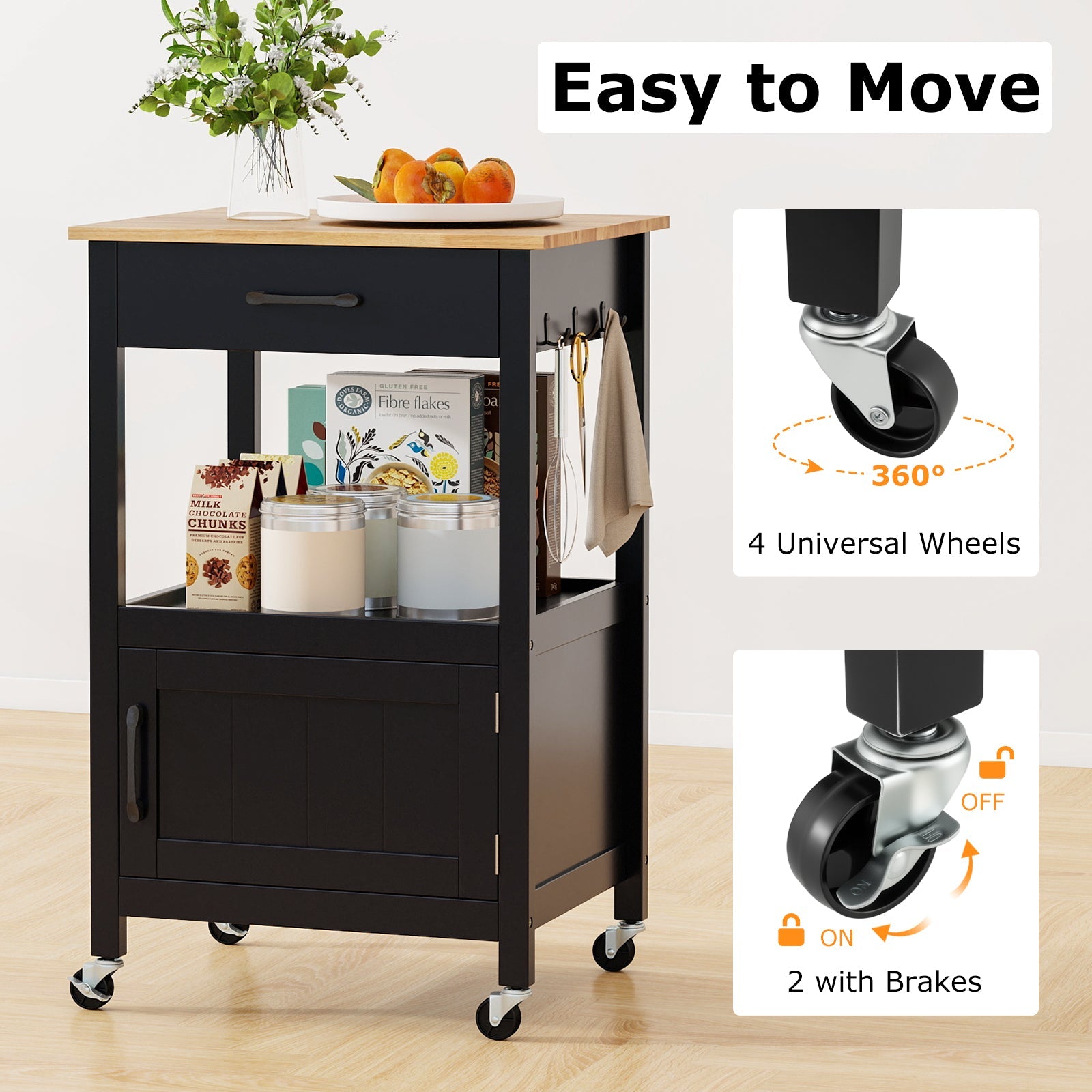 Rolling Kitchen Island Cart with Drawer and Side Hooks