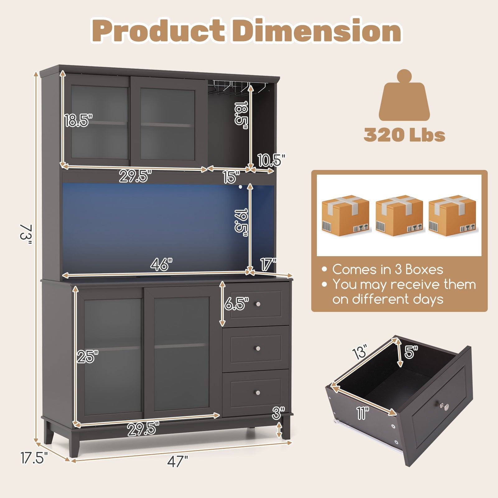 Kitchen Pantry Storage Cabinet Kitchen Hutch with LED lights and Power Outlet
