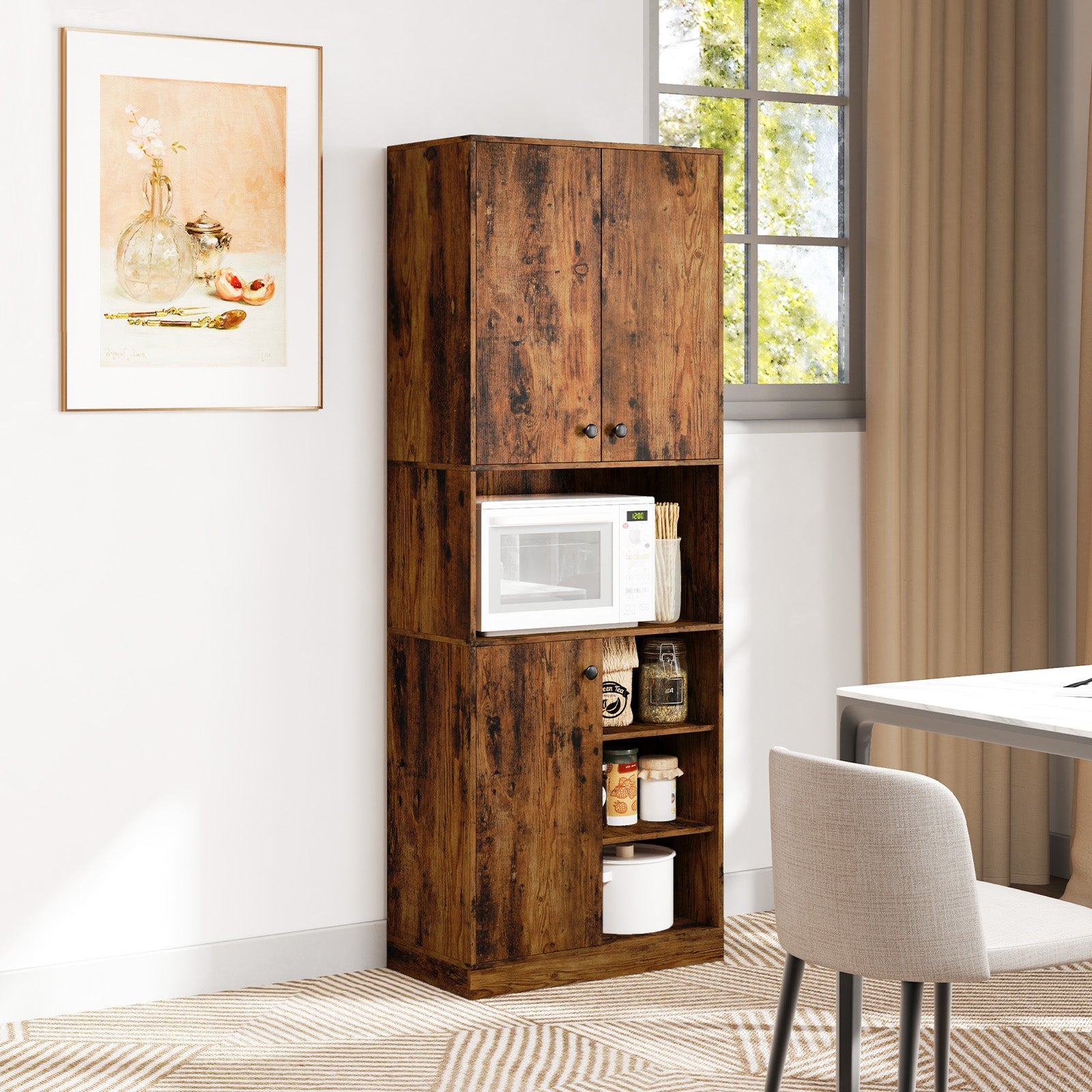 Kitchen Pantry Storage Cabinet with Microwave Stand and Open Shelves