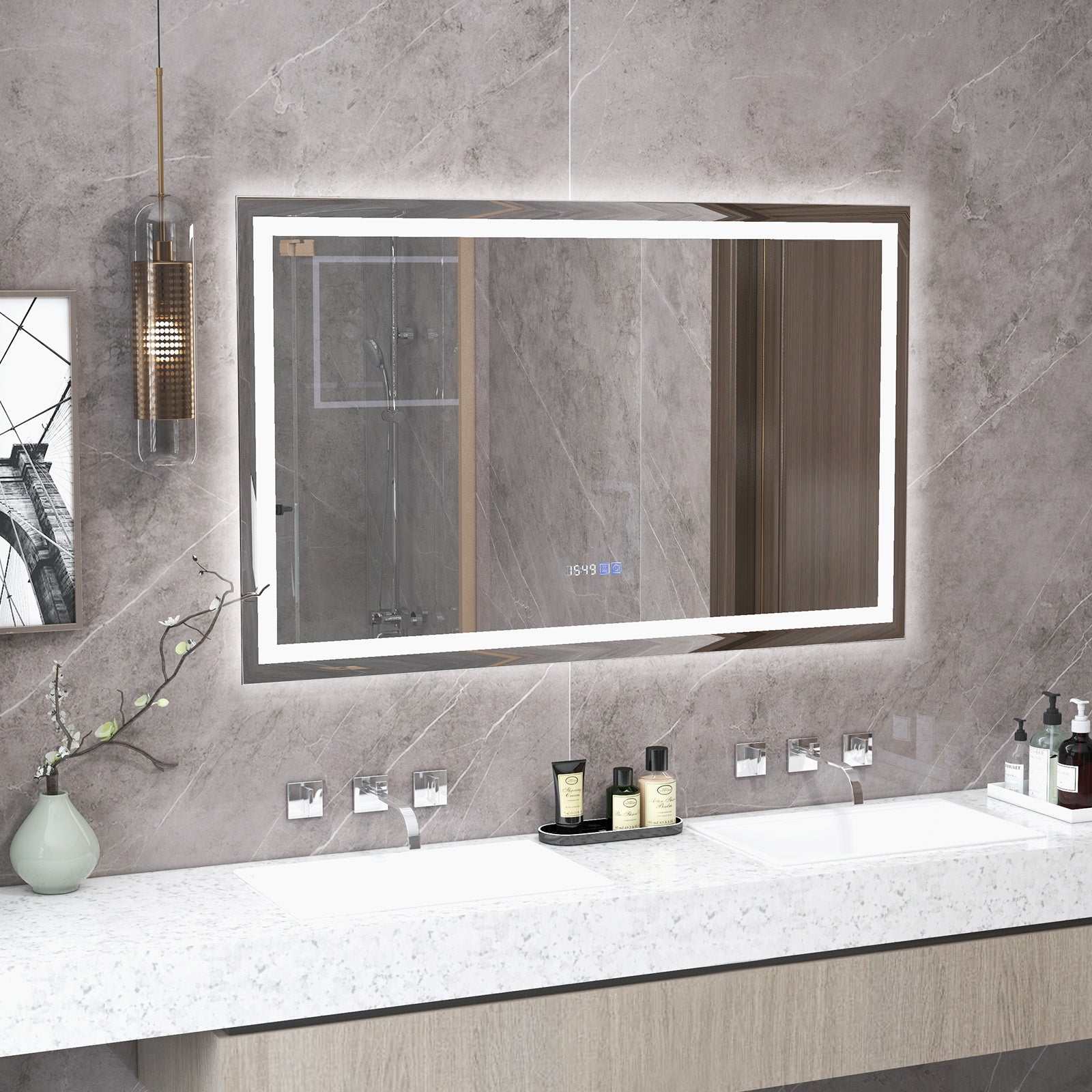 LED Bathroom Mirror Wall Mounted Rectangle Mirror with 3-Color Dimmable Lights