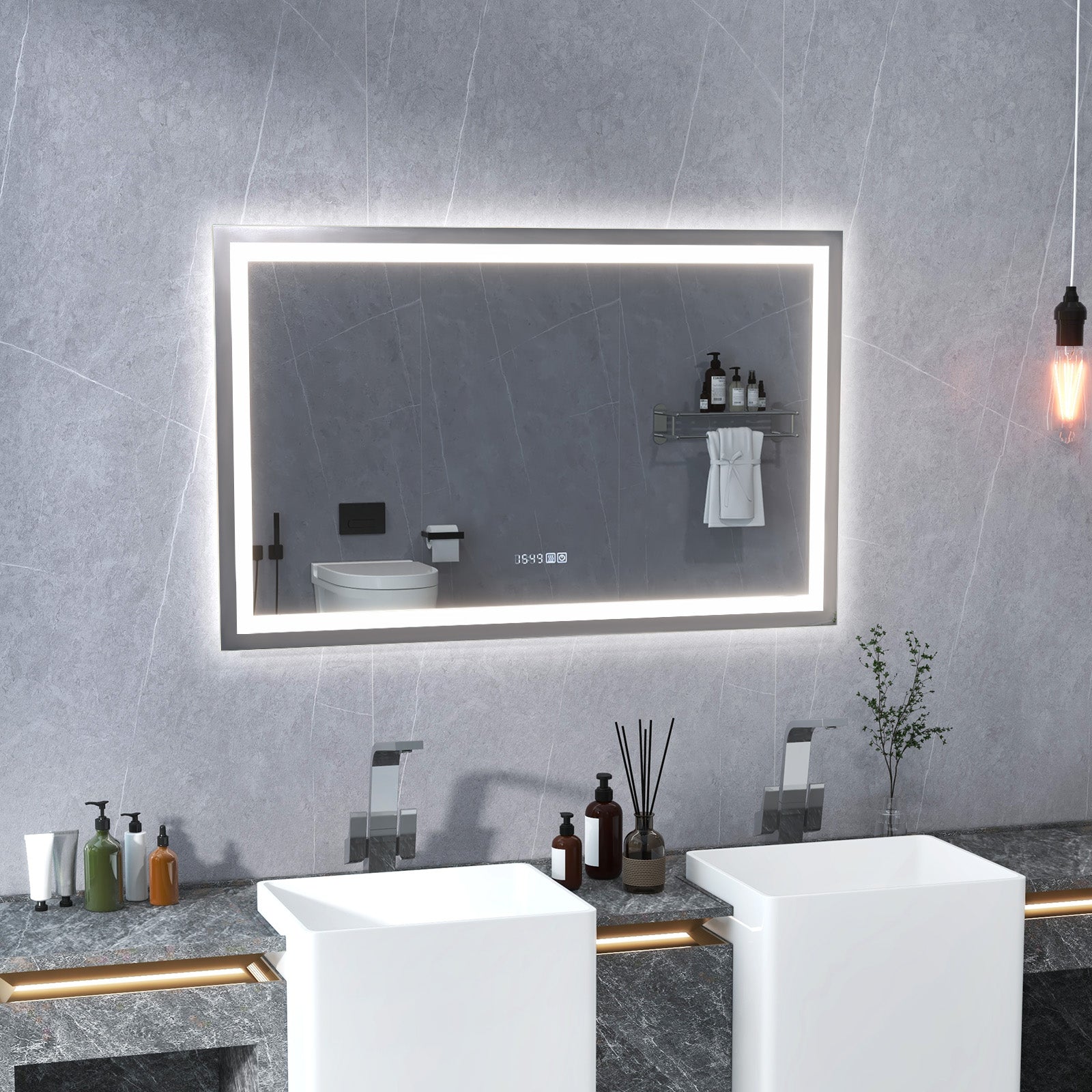 LED Bathroom Mirror Wall Mounted Rectangle Mirror with 3-Color Dimmable Lights