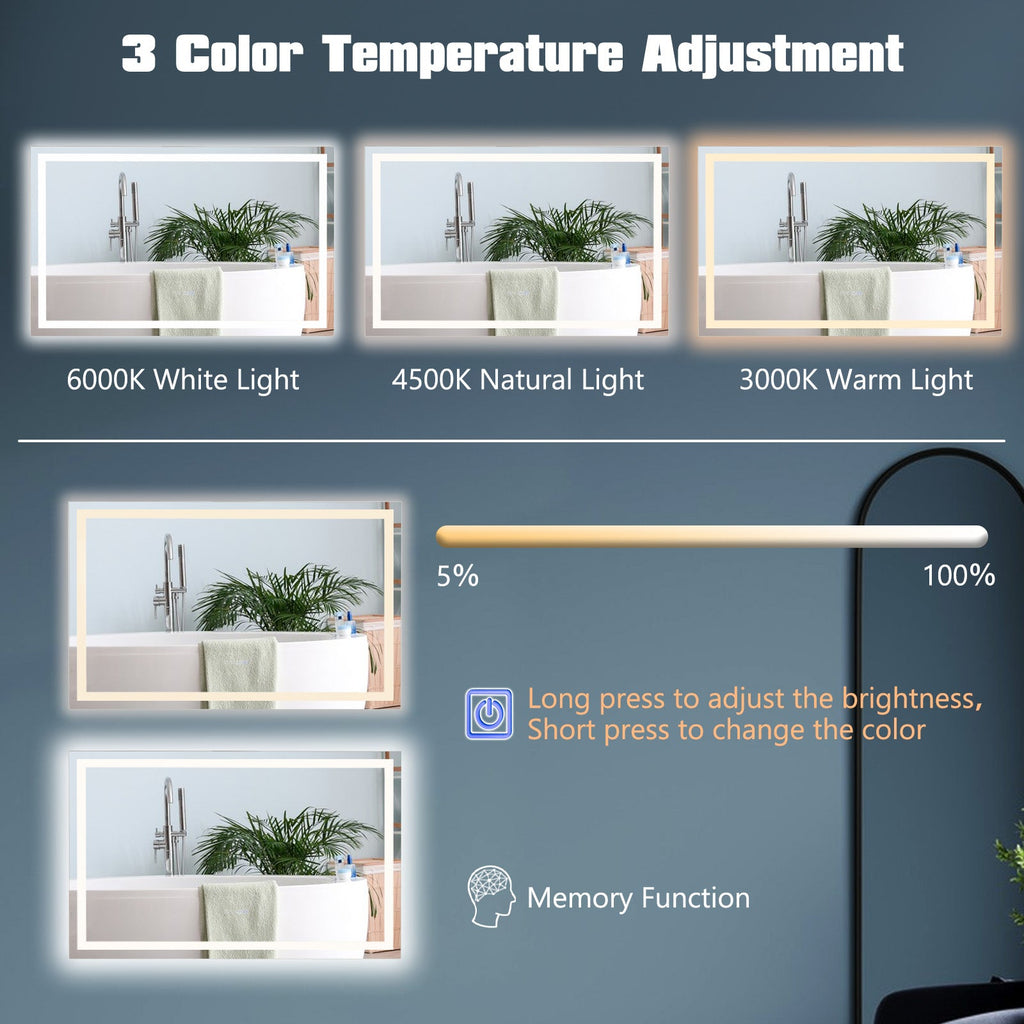 LED Bathroom Mirror Wall Mounted Rectangle Mirror with 3-Color Dimmable Lights
