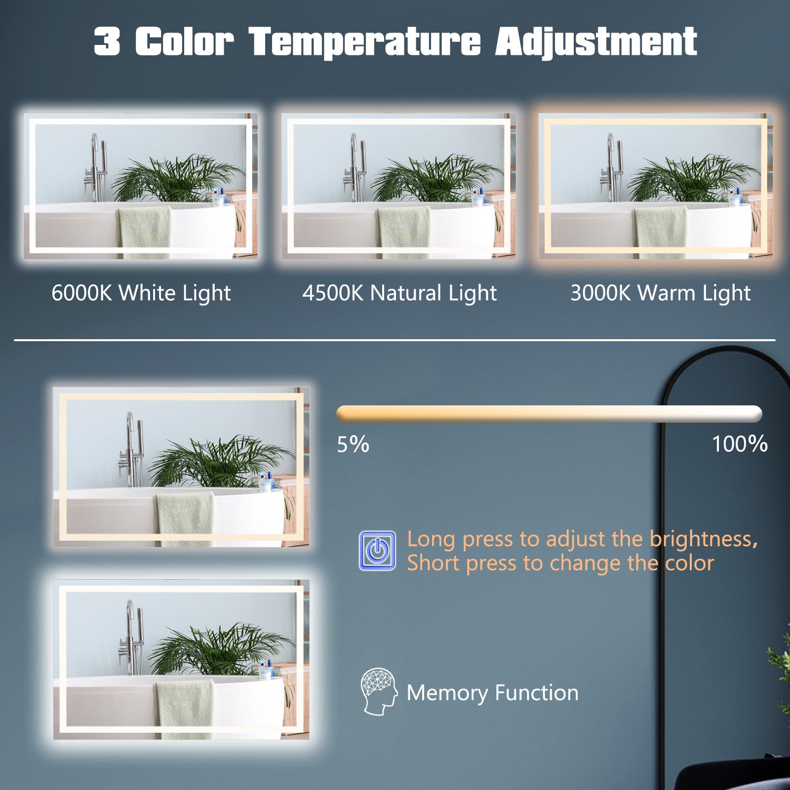 LED Bathroom Mirror Wall Mounted Rectangle Mirror with 3-Color Dimmable Lights