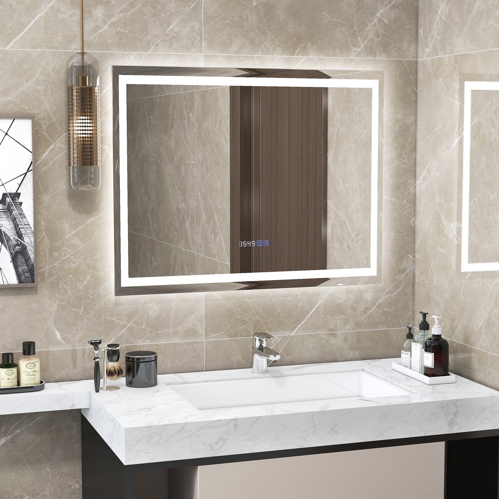 LED Bathroom Mirror Wall Mounted Rectangle Mirror with 3-Color Dimmable Lights