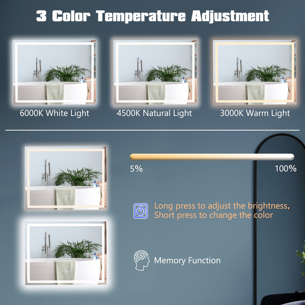 LED Bathroom Mirror Wall Mounted Rectangle Mirror with 3-Color Dimmable Lights