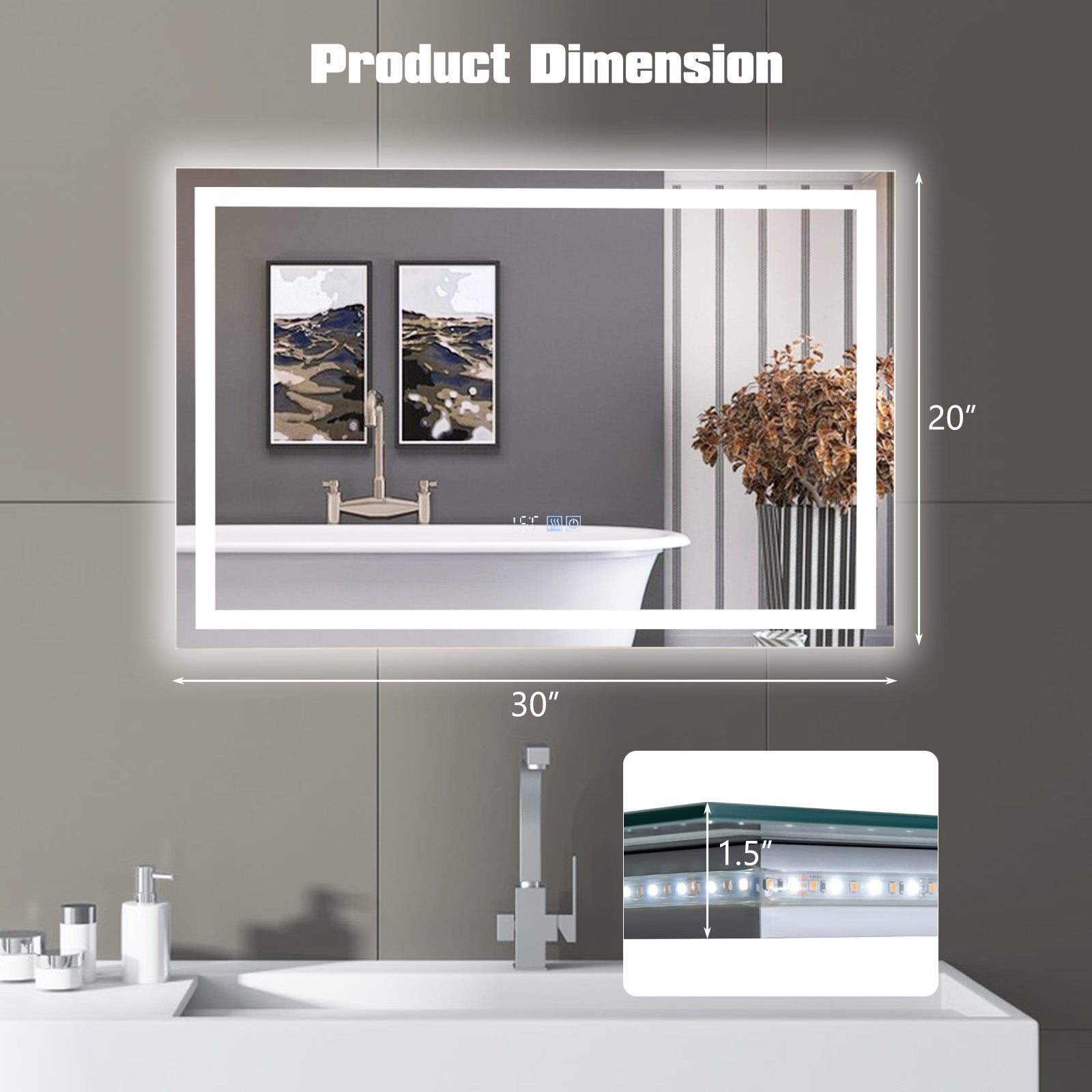 LED Bathroom Mirror Wall Mounted Rectangle Mirror with 3-Color Dimmable Lights