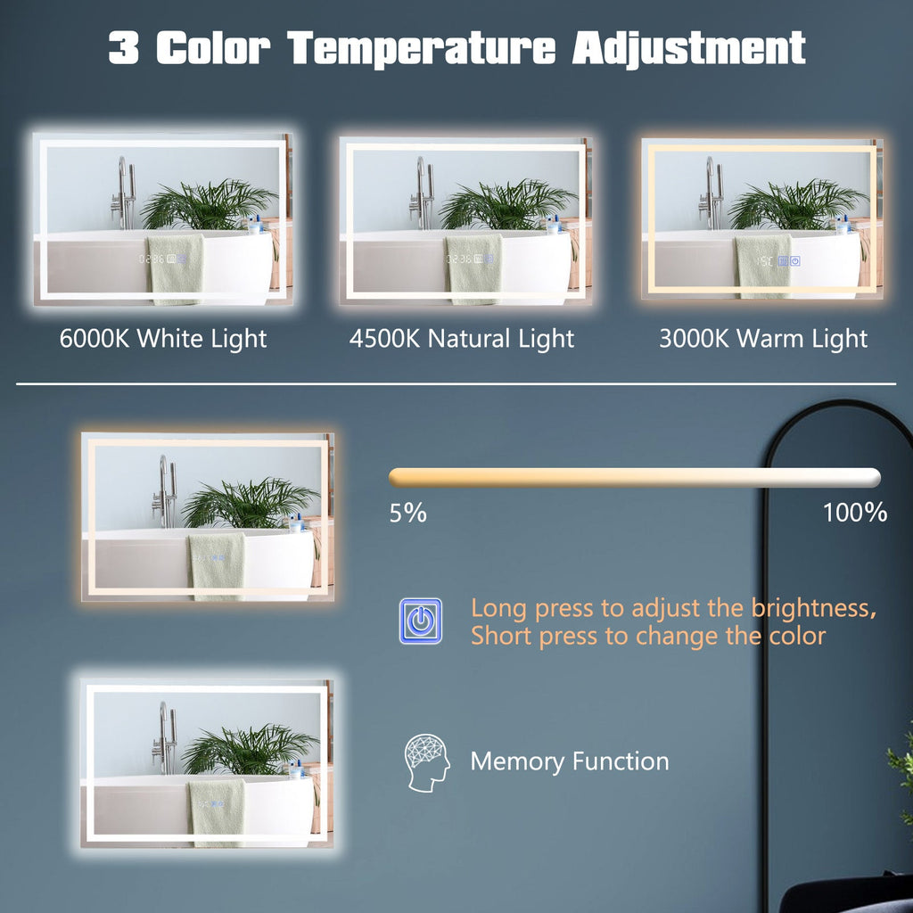 LED Bathroom Mirror Wall Mounted Rectangle Mirror with 3-Color Dimmable Lights