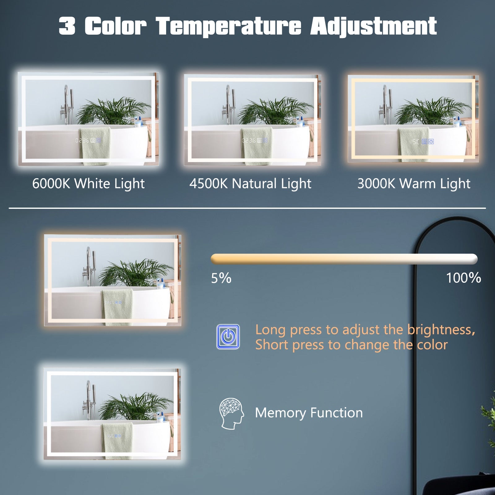 LED Bathroom Mirror Wall Mounted Rectangle Mirror with 3-Color Dimmable Lights