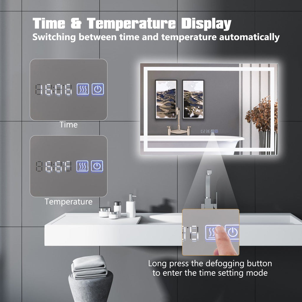 LED Bathroom Mirror Wall Mounted Rectangle Mirror with 3-Color Dimmable Lights