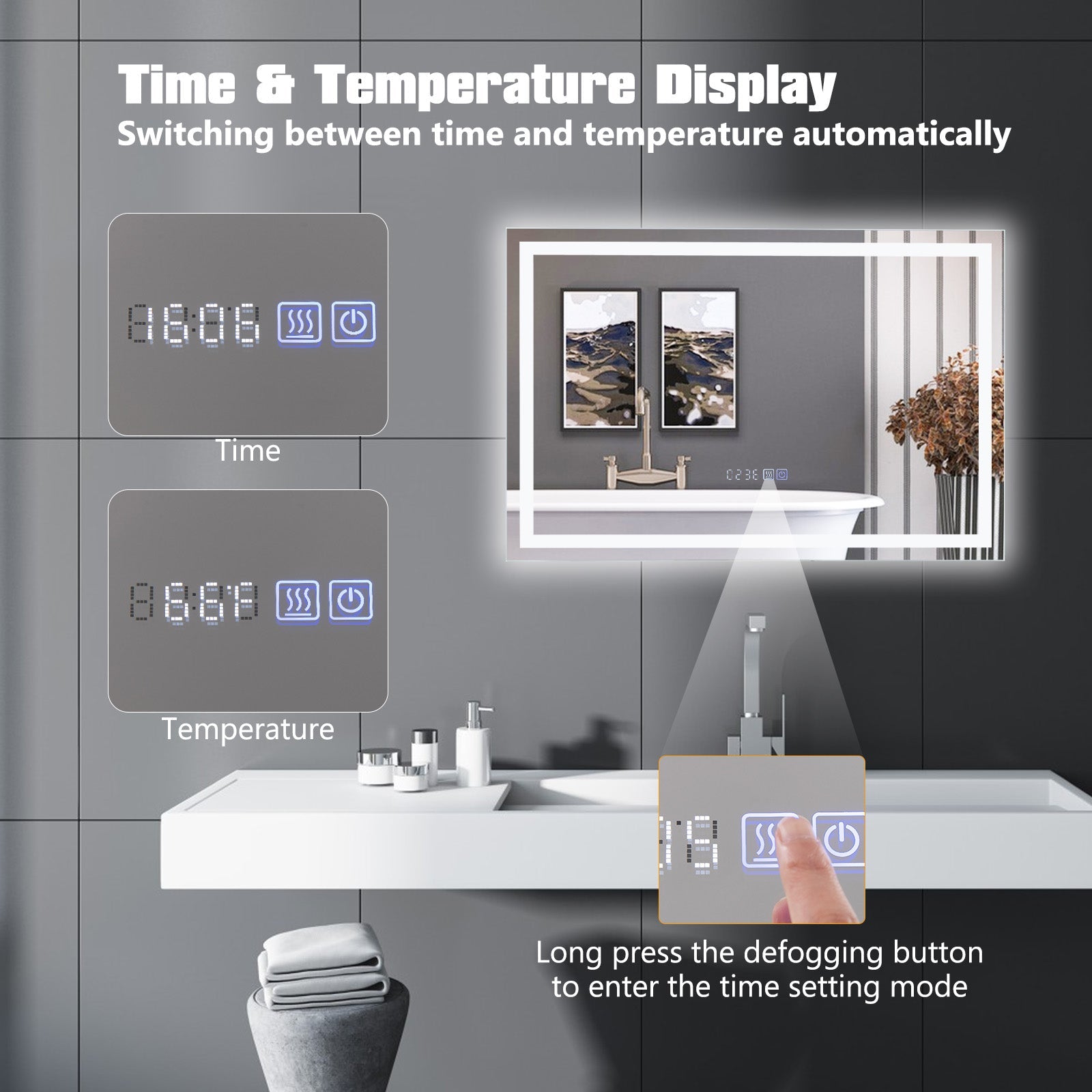 LED Bathroom Mirror Wall Mounted Rectangle Mirror with 3-Color Dimmable Lights