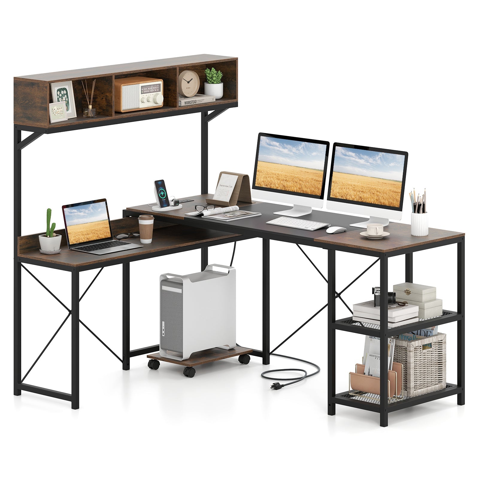 L-Shaped Computer Desk with Power Outlets 62 Inches Corner Desk with Storage Hutch-Brown