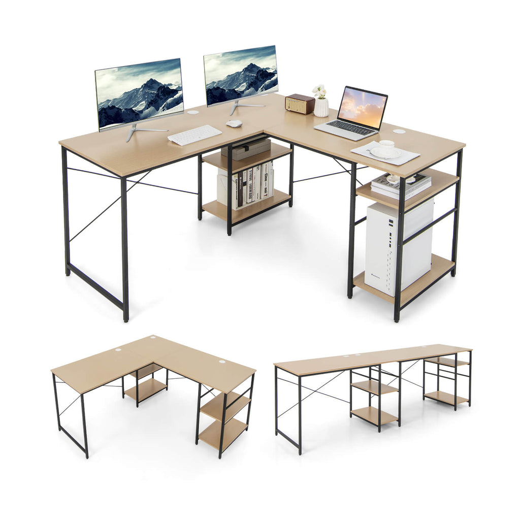 L Shaped Computer Desk with 4 Storage Shelves and Cable Holes