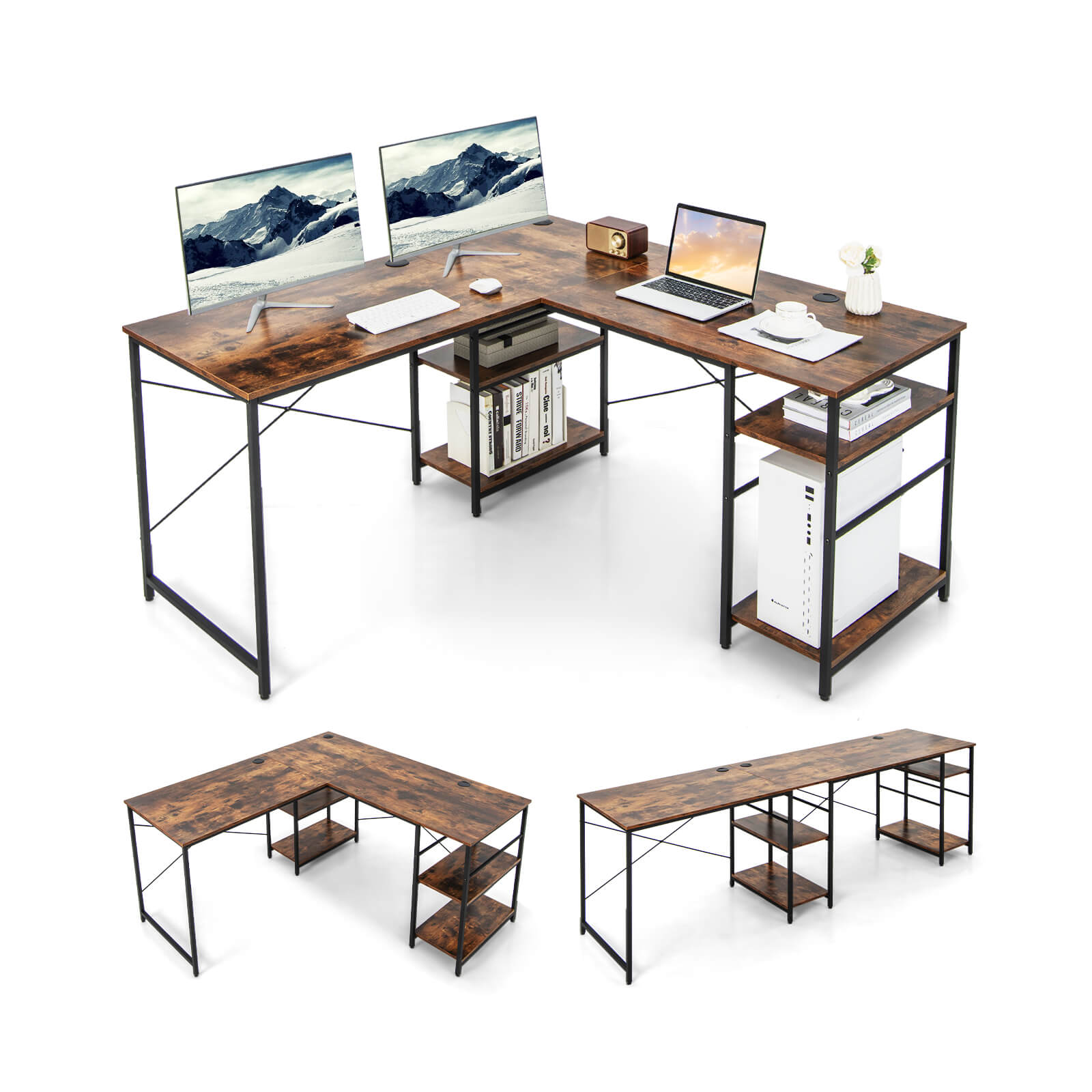 L Shaped Computer Desk with 4 Storage Shelves and Cable Holes