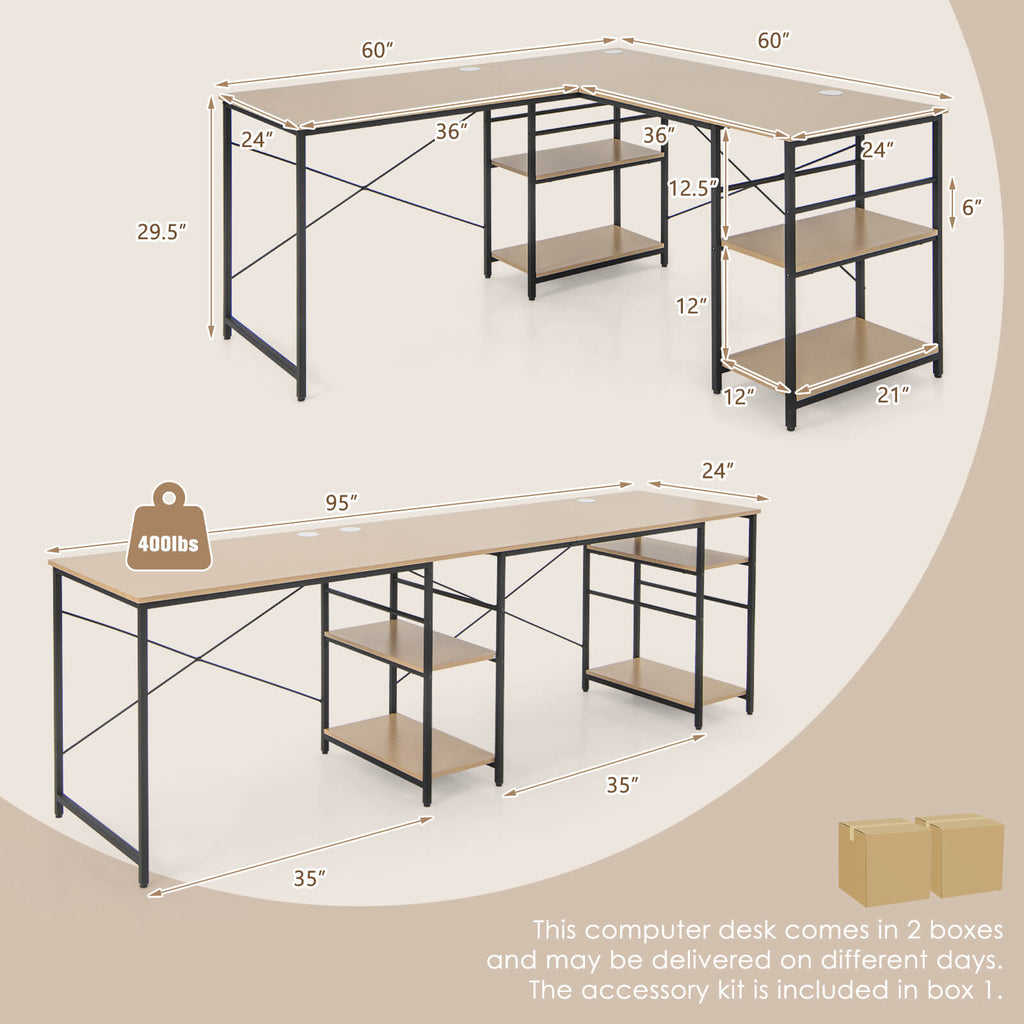 L Shaped Computer Desk with 4 Storage Shelves and Cable Holes