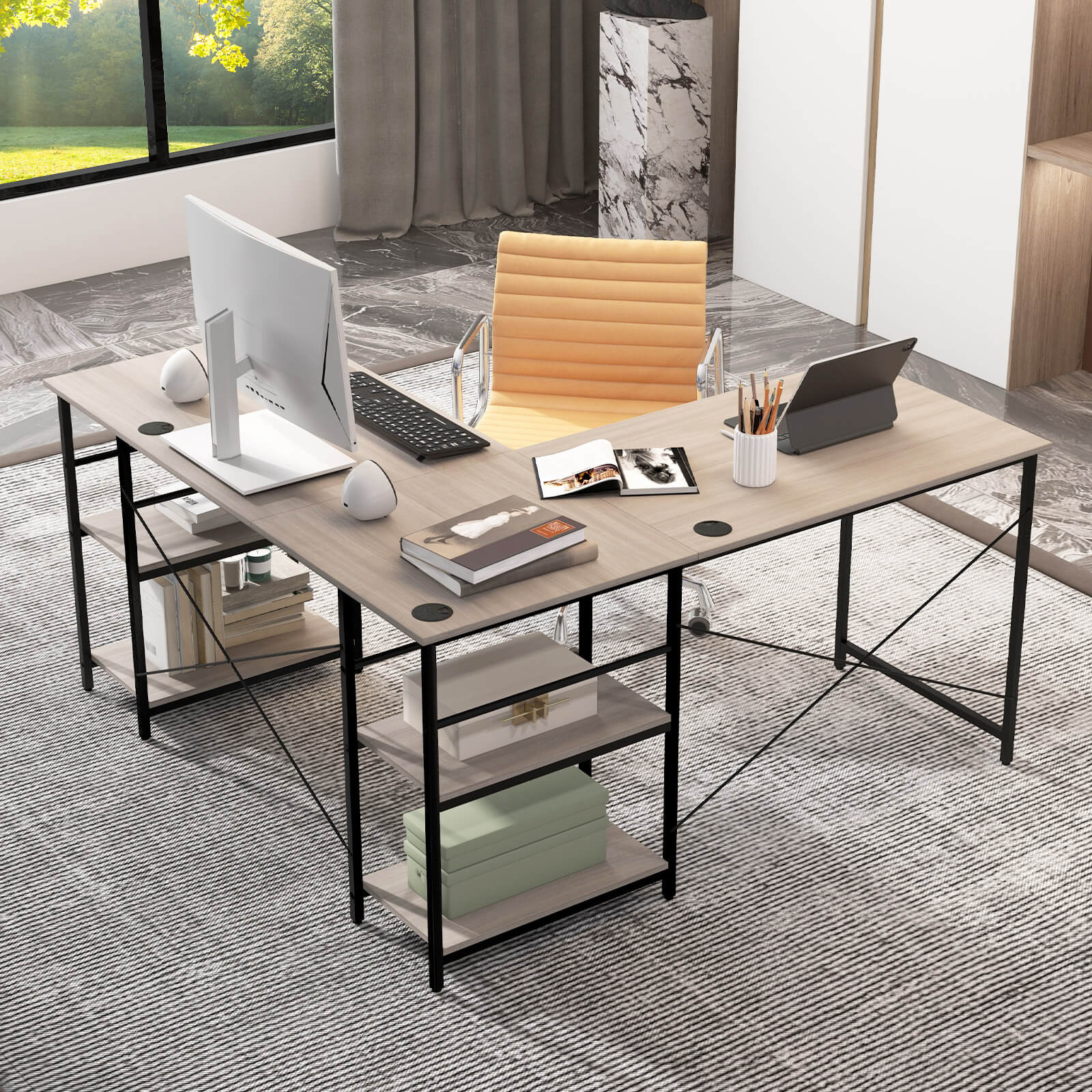 L Shaped Computer Desk with 4 Storage Shelves and Cable Holes