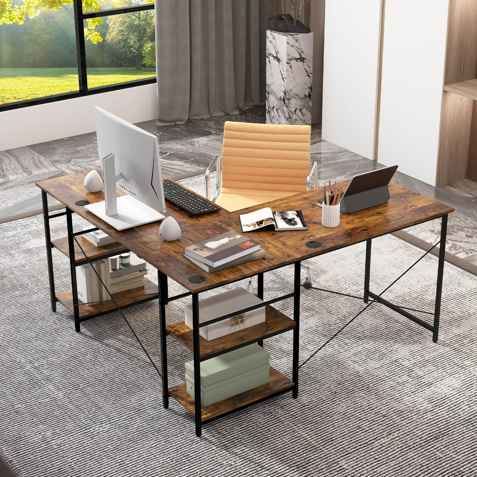 L Shaped Computer Desk with 4 Storage Shelves and Cable Holes