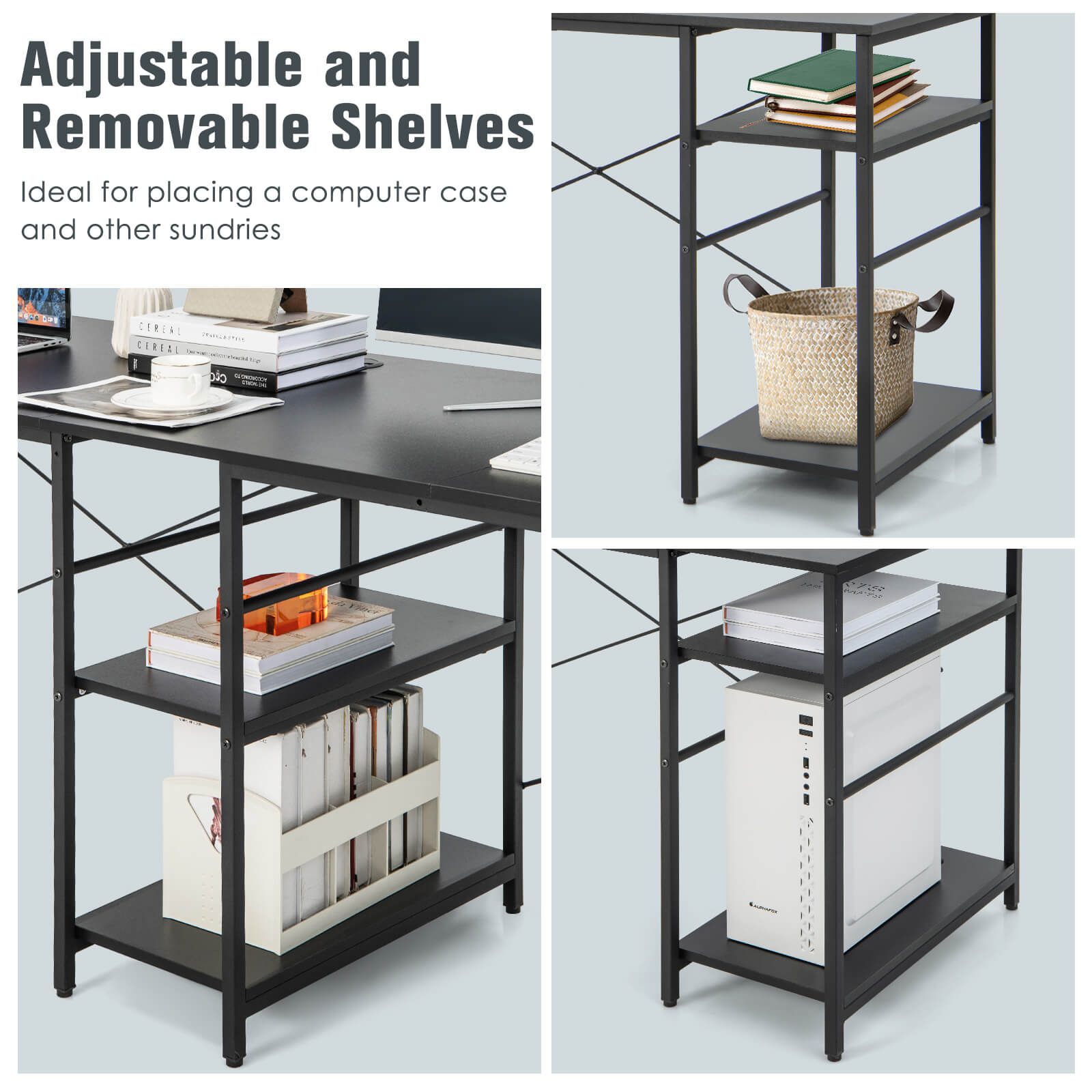 L Shaped Computer Desk with 4 Storage Shelves and Cable Holes