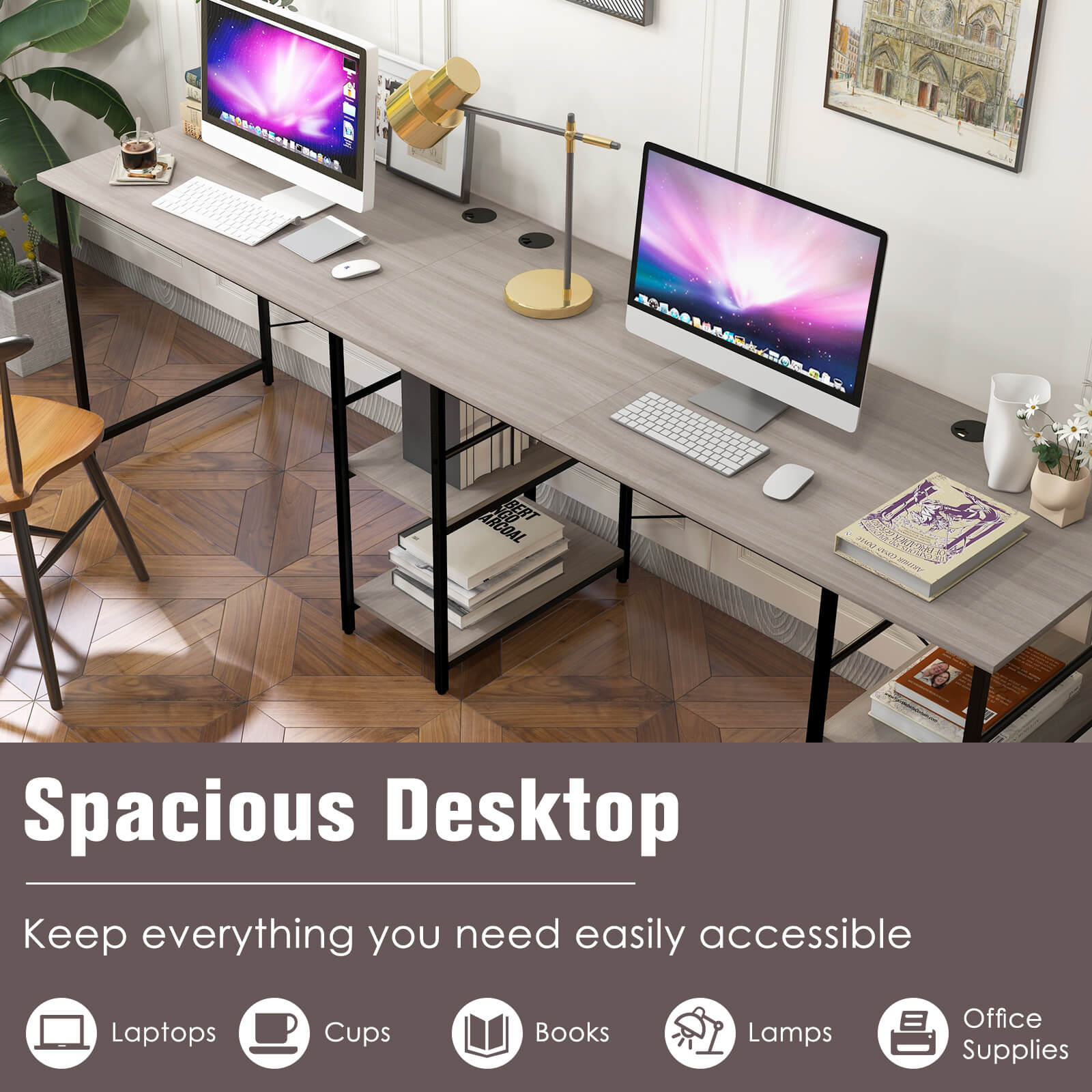 L Shaped Computer Desk with 4 Storage Shelves and Cable Holes