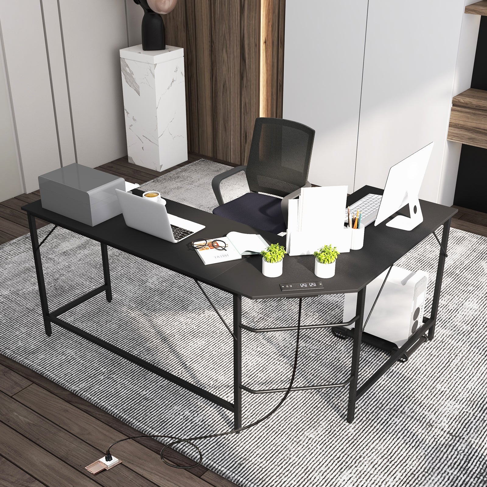 L-Shaped Computer Desk with CPU Stand Power Outlets and USB Ports