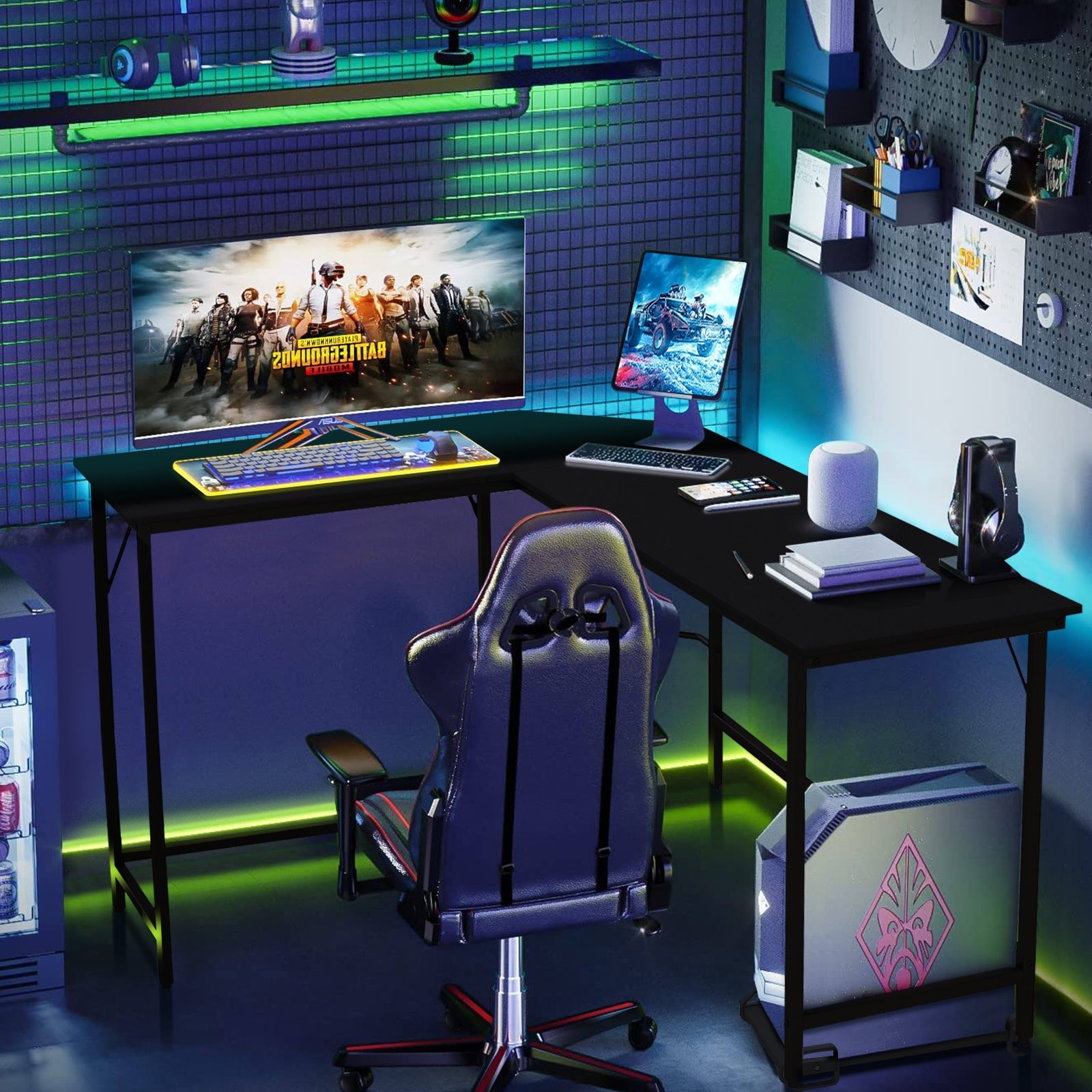 L-Shaped Computer Desk with CPU Stand Power Outlets and USB Ports