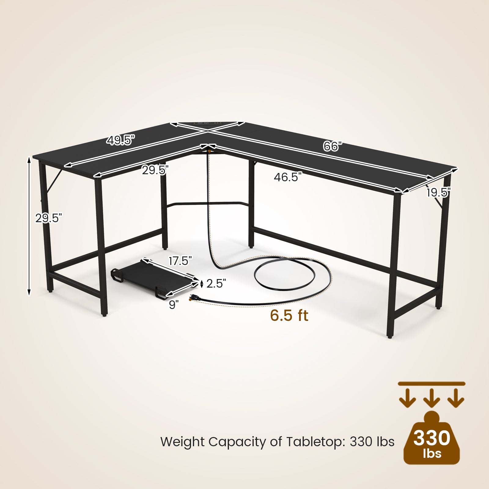 L-Shaped Computer Desk with CPU Stand Power Outlets and USB Ports