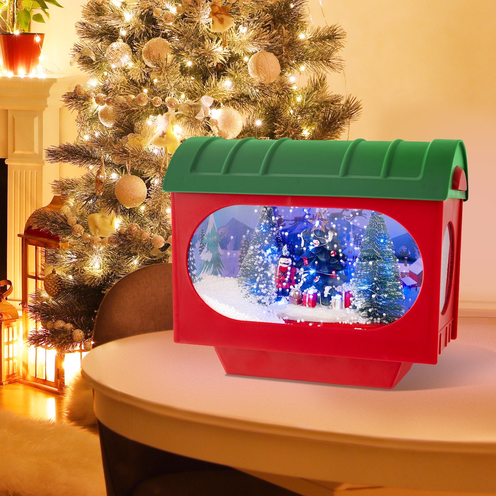 59 Inch Christmas Street Lamp with Sound-Activated Snow Globe Lantern-Red