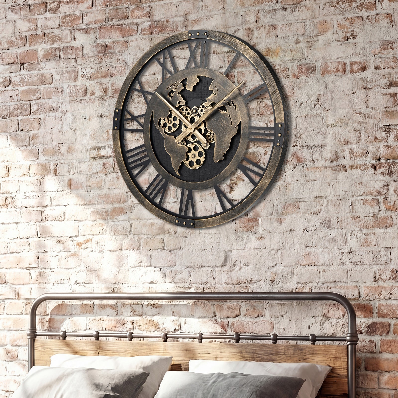 Large Wall Clock 27" Gear Clock with World Map-Brown