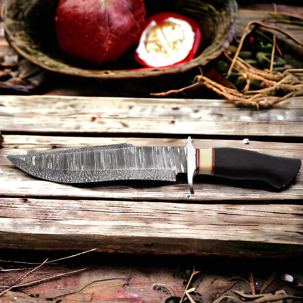 Custom Handmade Damascus Steel Hunting Bowie Knife – Wenge Wood Handle – 15" Overall Length with Leather Sheath