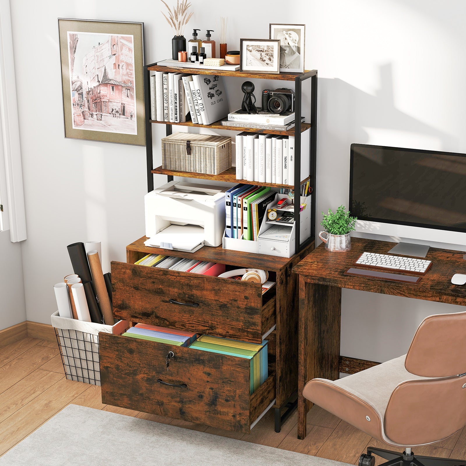 Letter Size Lateral File Cabinet with Lock and Bookshelf-Rustic Brown