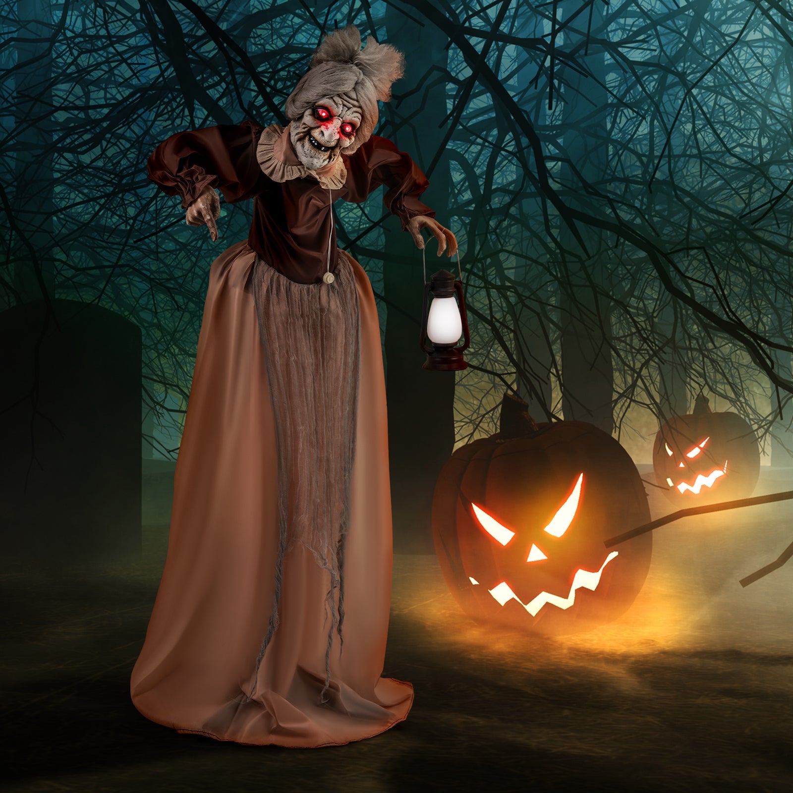 Life-Size Halloween Animatronic Moving and Talking Old Lady Hag Prop