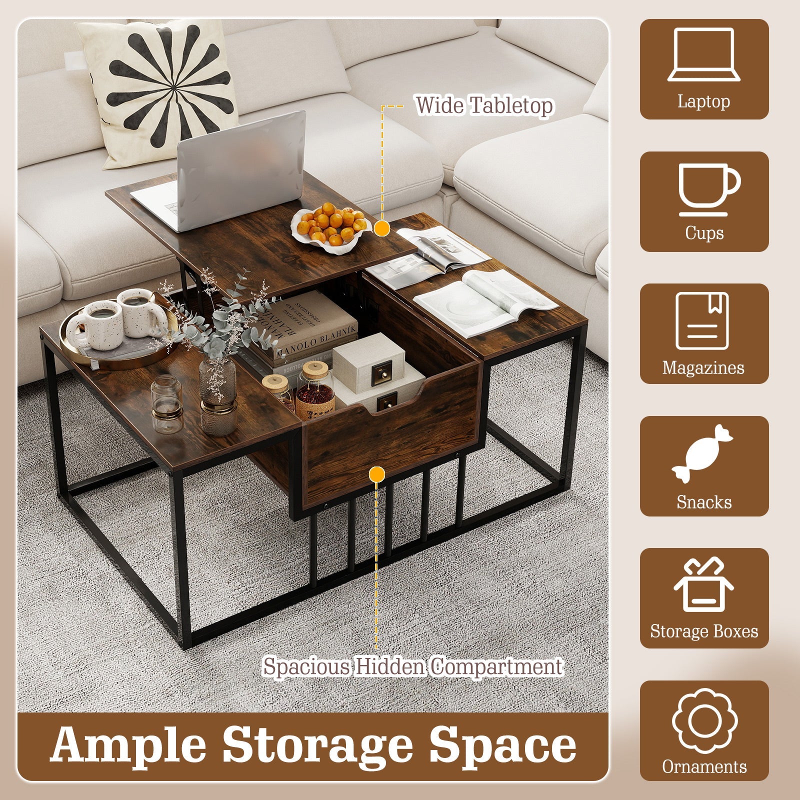 Lift Top Coffee Table Modern Center Table with Hidden Storage Compartment
