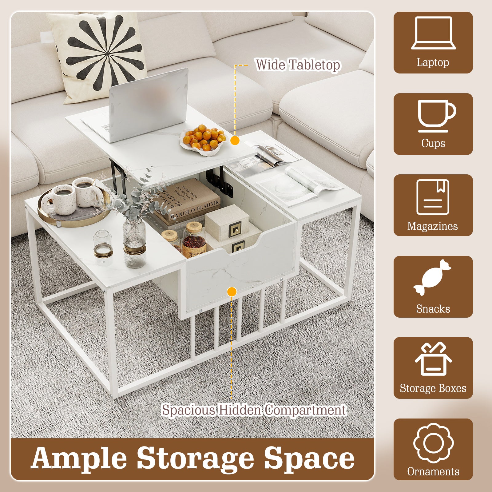 Lift Top Coffee Table Modern Center Table with Hidden Storage Compartment