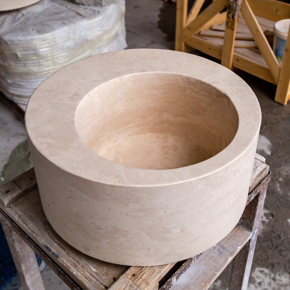 Natural Stone Light Beige Travertine Handcrafted Round Vessel Sink Honed 18 Inch