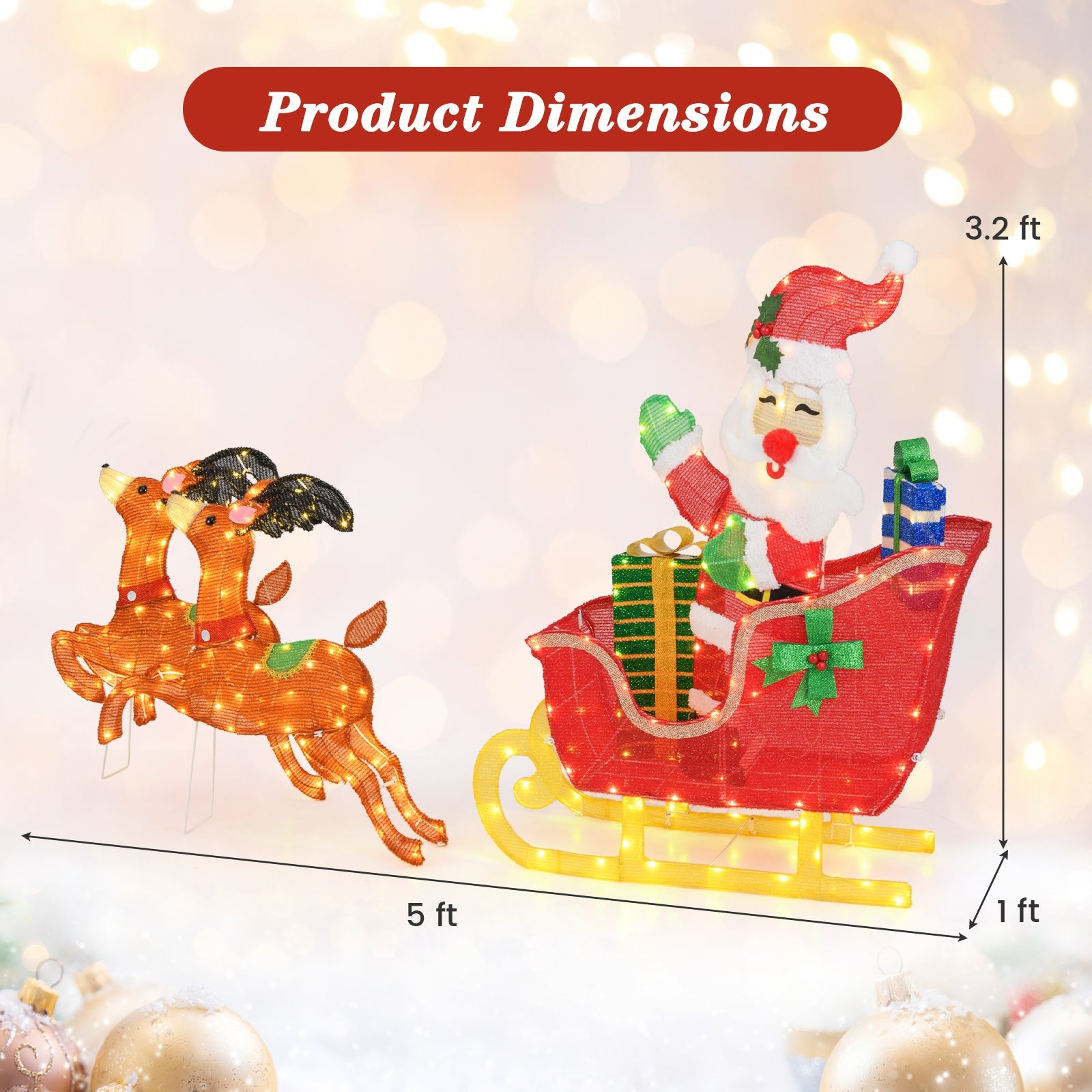 Lighted Christmas Santa on Sleigh with Reindeer and LED Lights