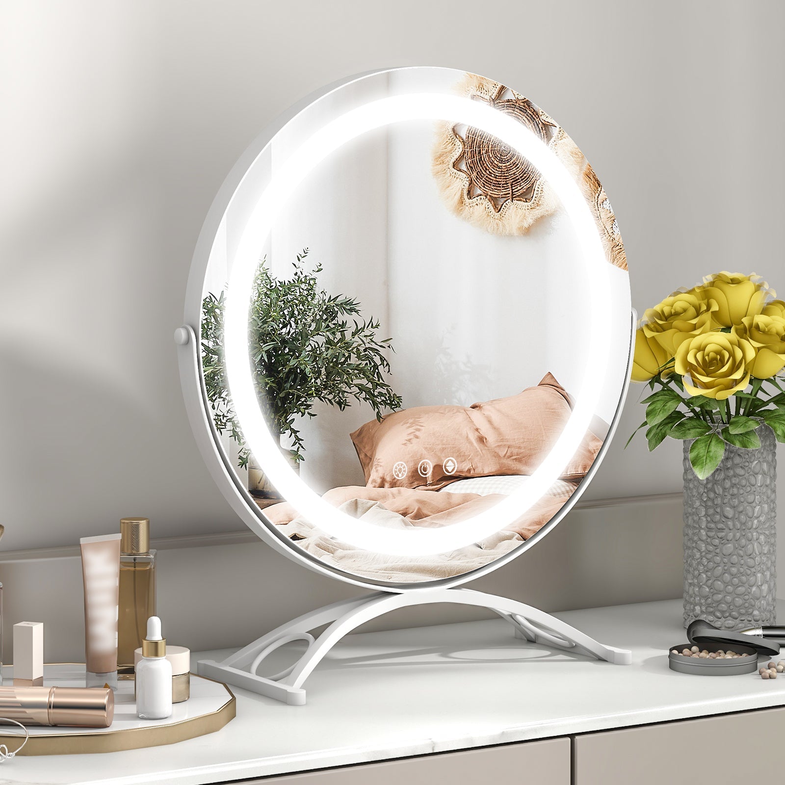 16 x 16 Inch Round LED Vanity Mirror with 3-Color Lighting and Brightness Dimming