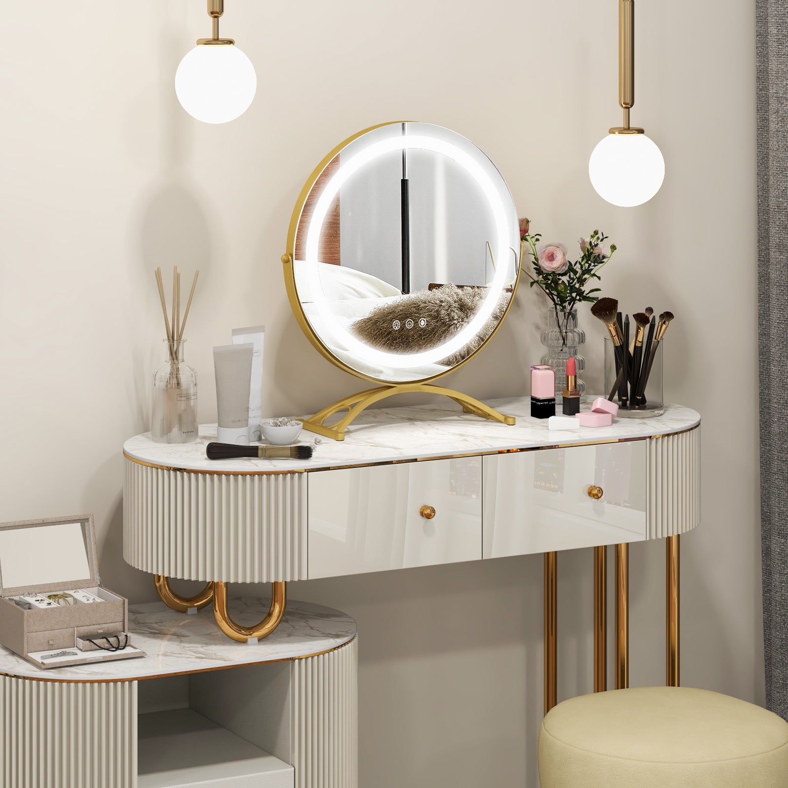 16 x 16 Inch Round LED Vanity Mirror with 3-Color Lighting and Brightness Dimming