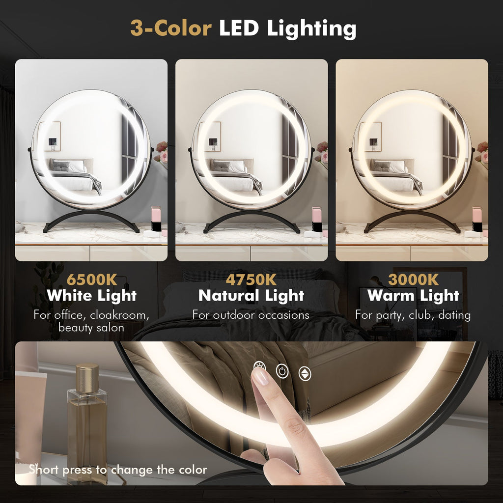 16 x 16 Inch Round LED Vanity Mirror with 3-Color Lighting and Brightness Dimming