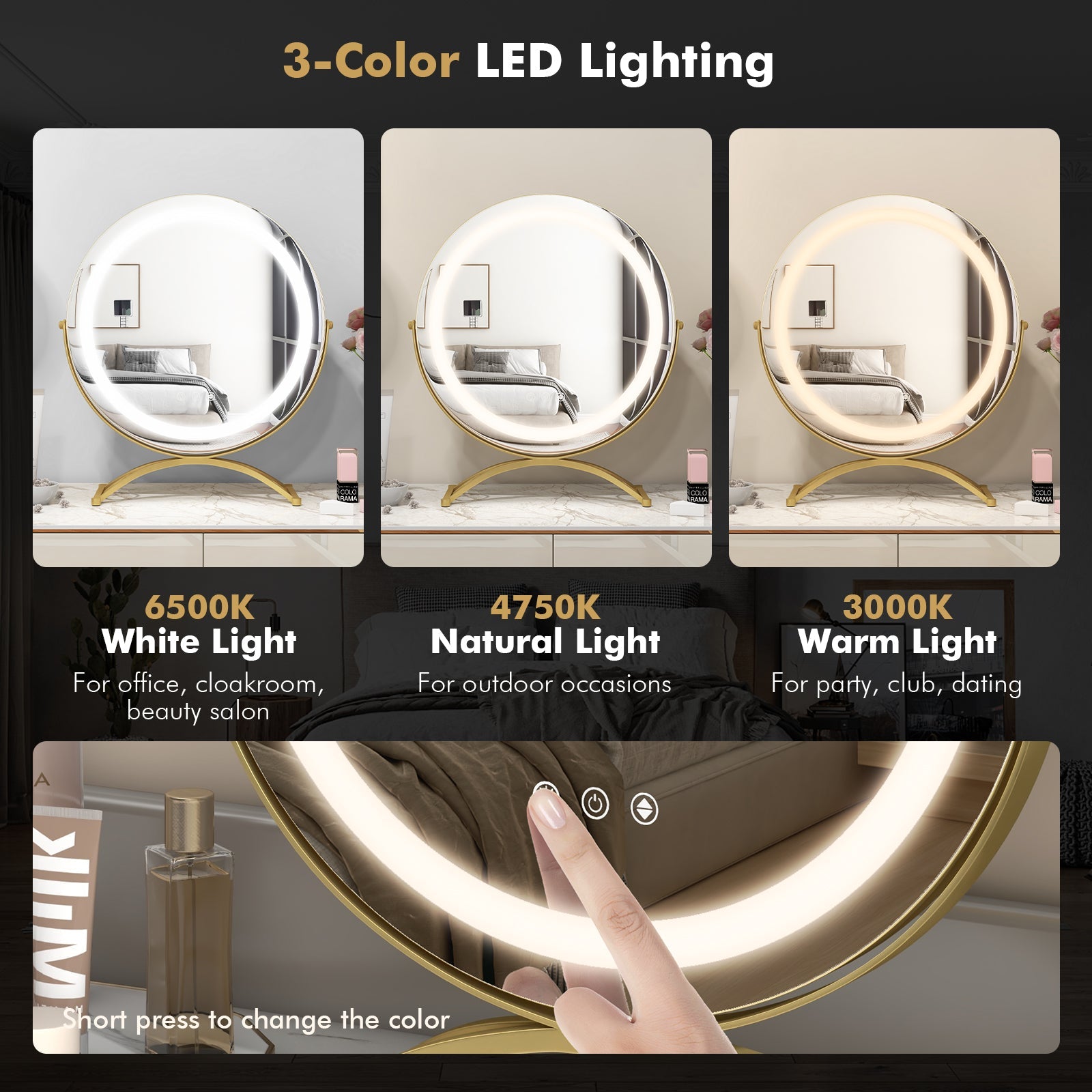 16 x 16 Inch Round LED Vanity Mirror with 3-Color Lighting and Brightness Dimming