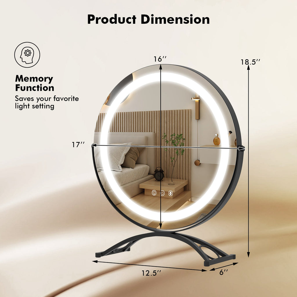 16 x 16 Inch Round LED Vanity Mirror with 3-Color Lighting and Brightness Dimming