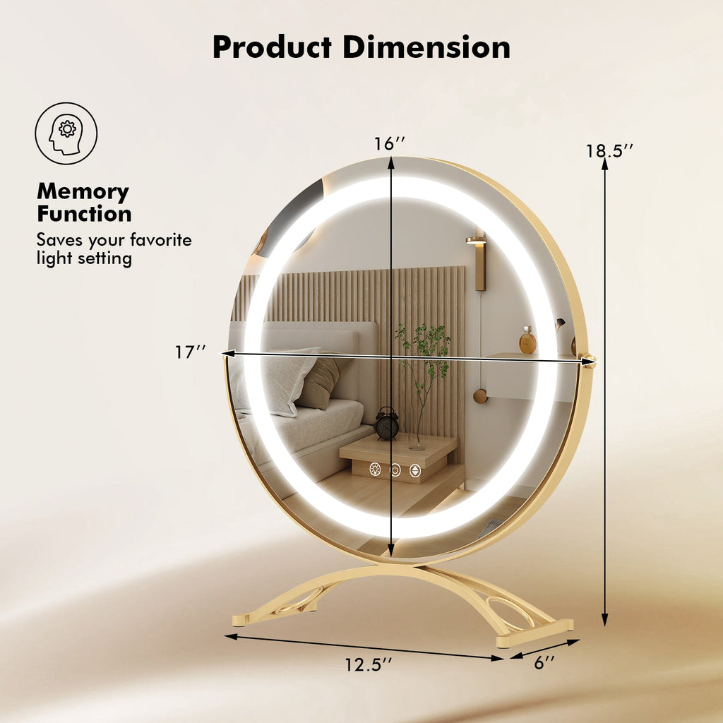 16 x 16 Inch Round LED Vanity Mirror with 3-Color Lighting and Brightness Dimming